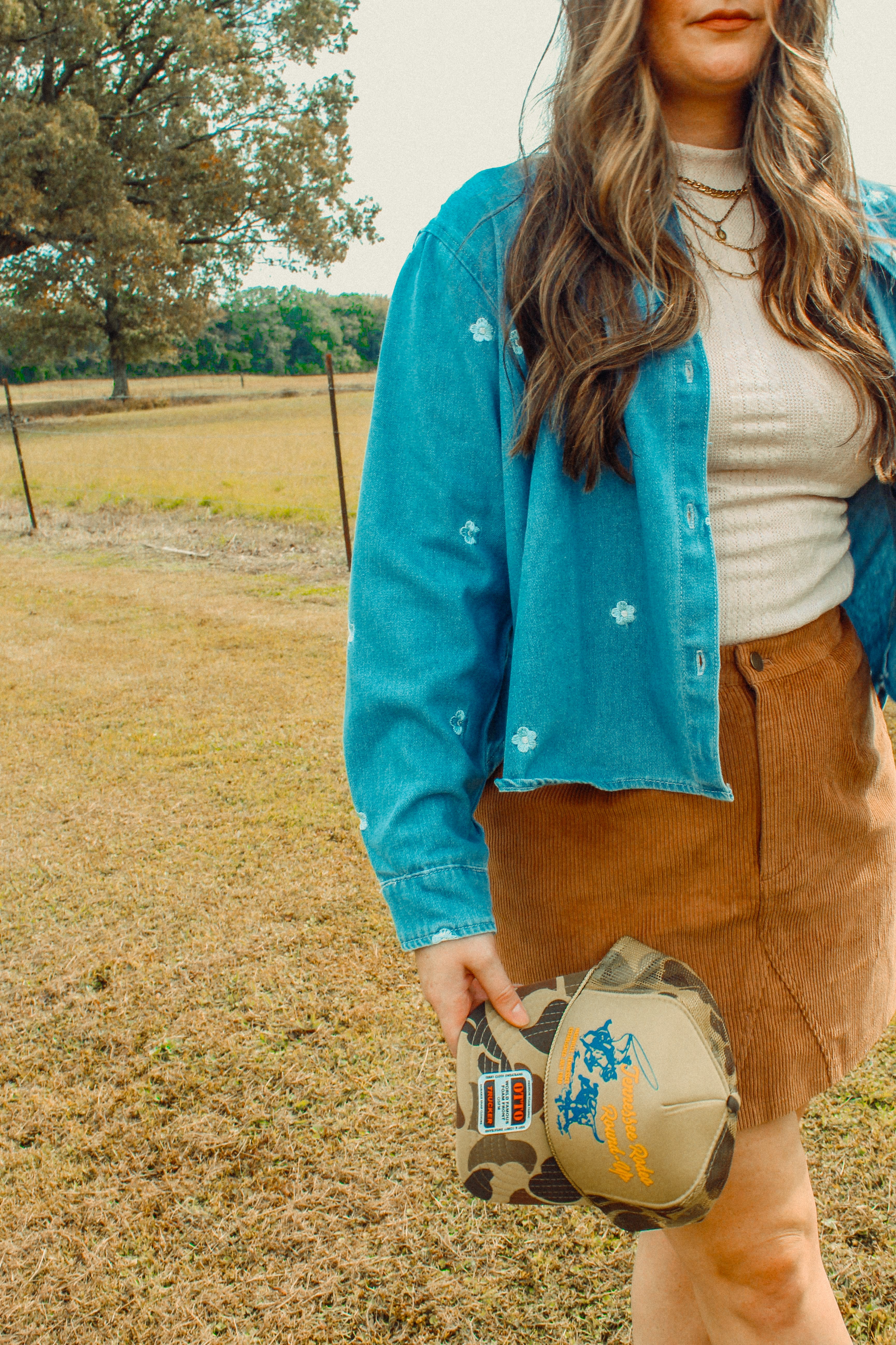Embroidered Flower Denim Button Down Shirt