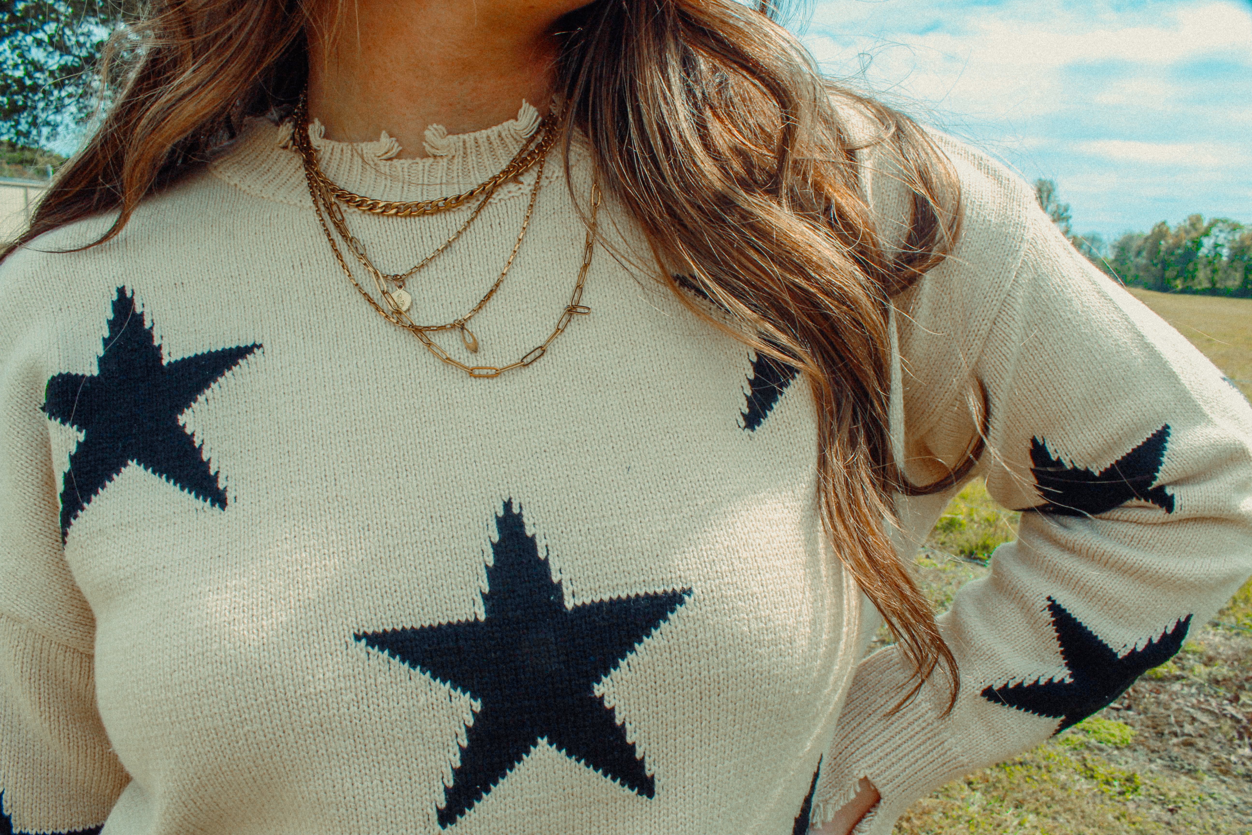 Distressed Star Print Cotton Blend Sweater