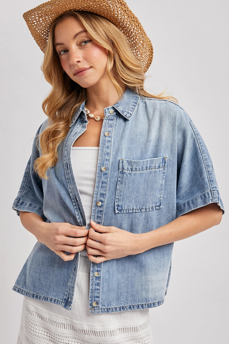 Denim Short Sleeve Boxy Button Down