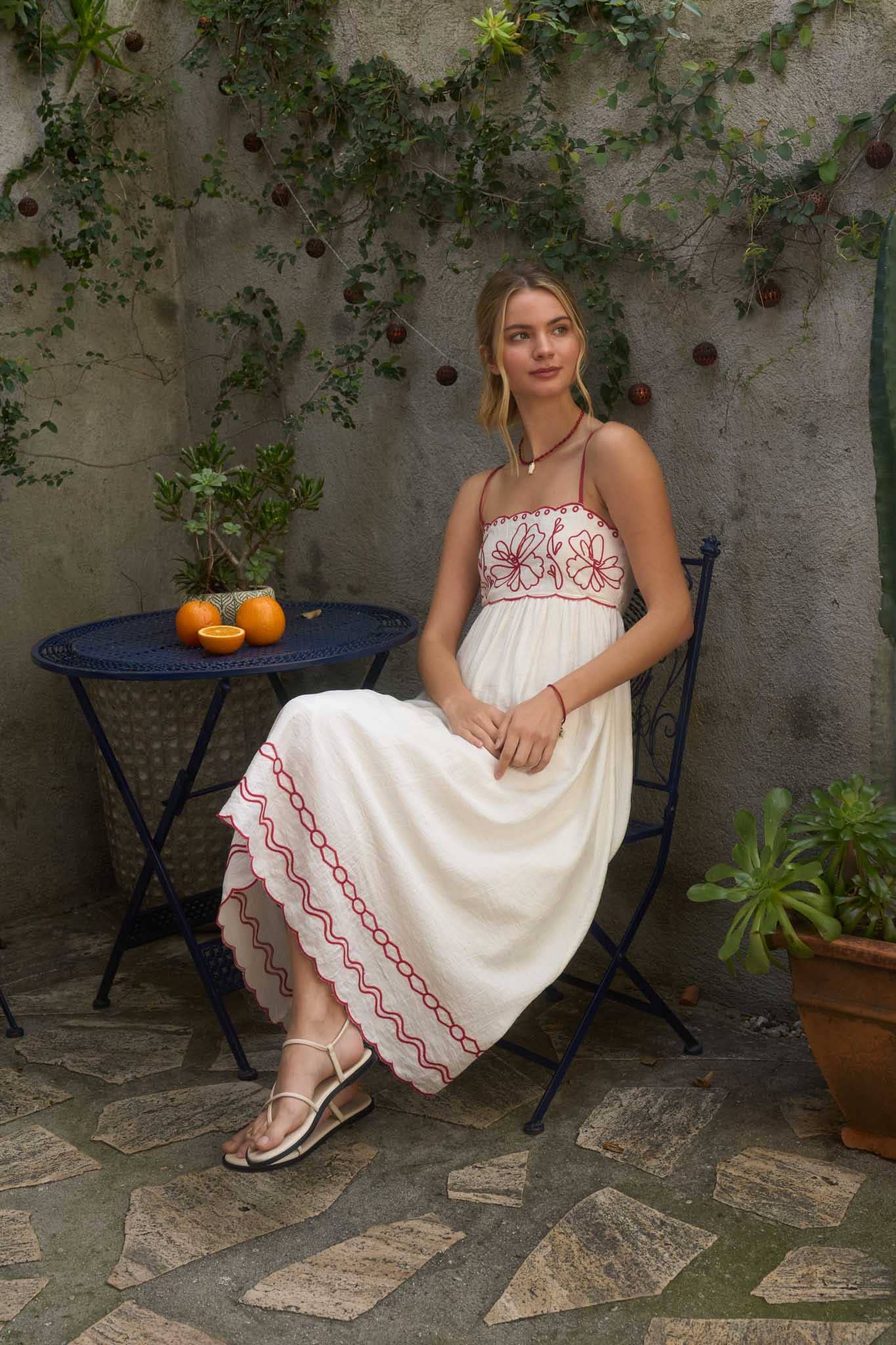 FLORAL EMBROIDERY SCALLOPED MIDI DRESS