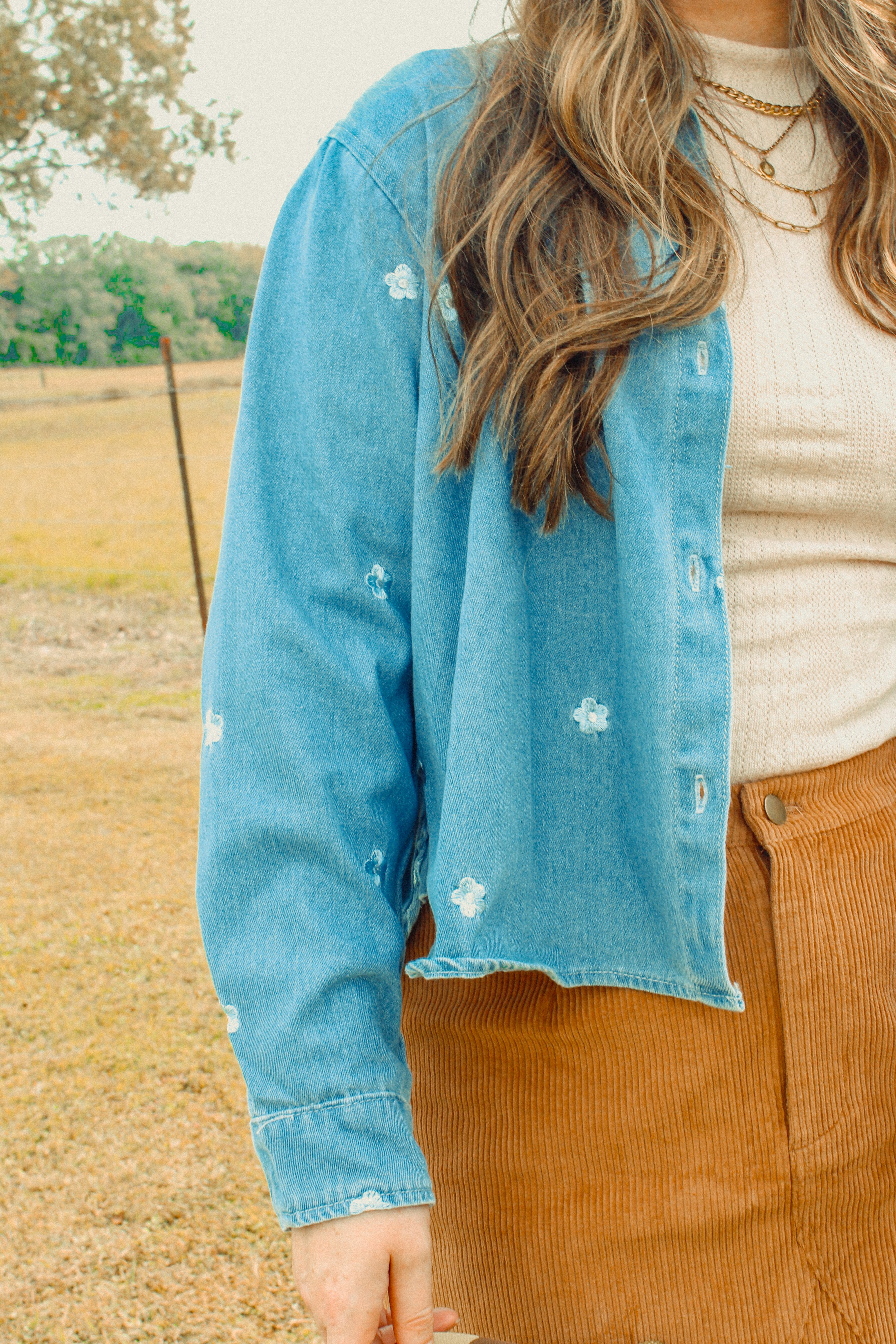 Embroidered Flower Denim Button Down Shirt