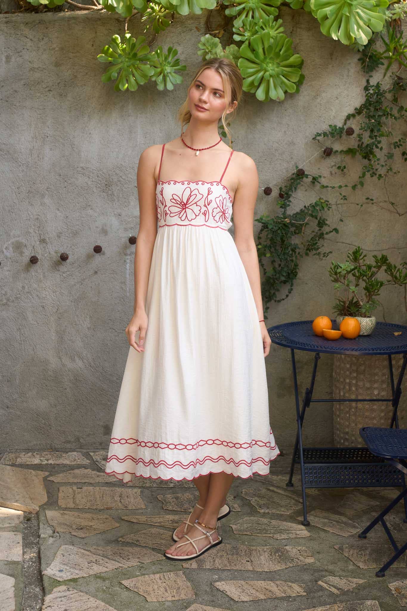 FLORAL EMBROIDERY SCALLOPED MIDI DRESS