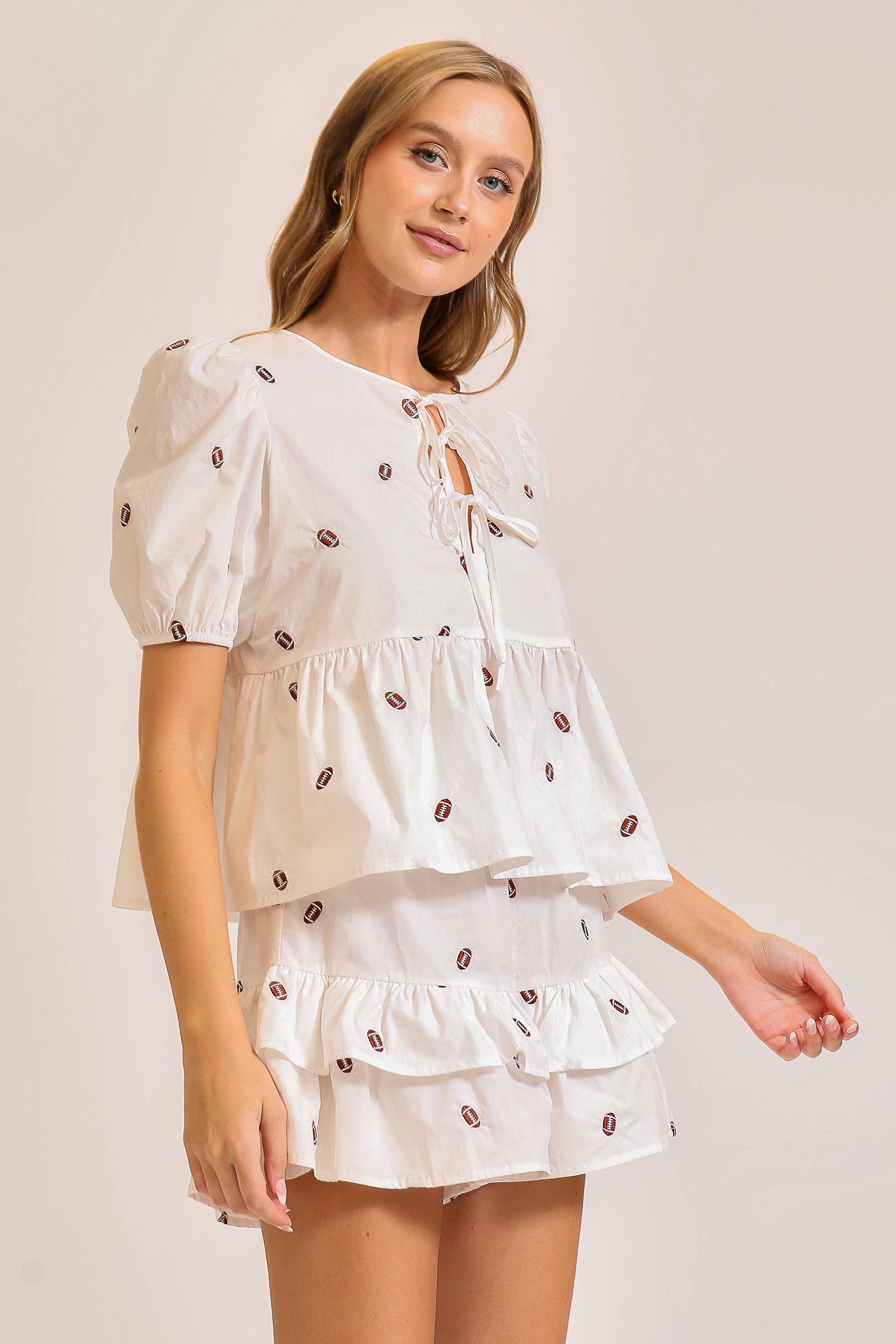 Football Print Tie-Front Babydoll Top