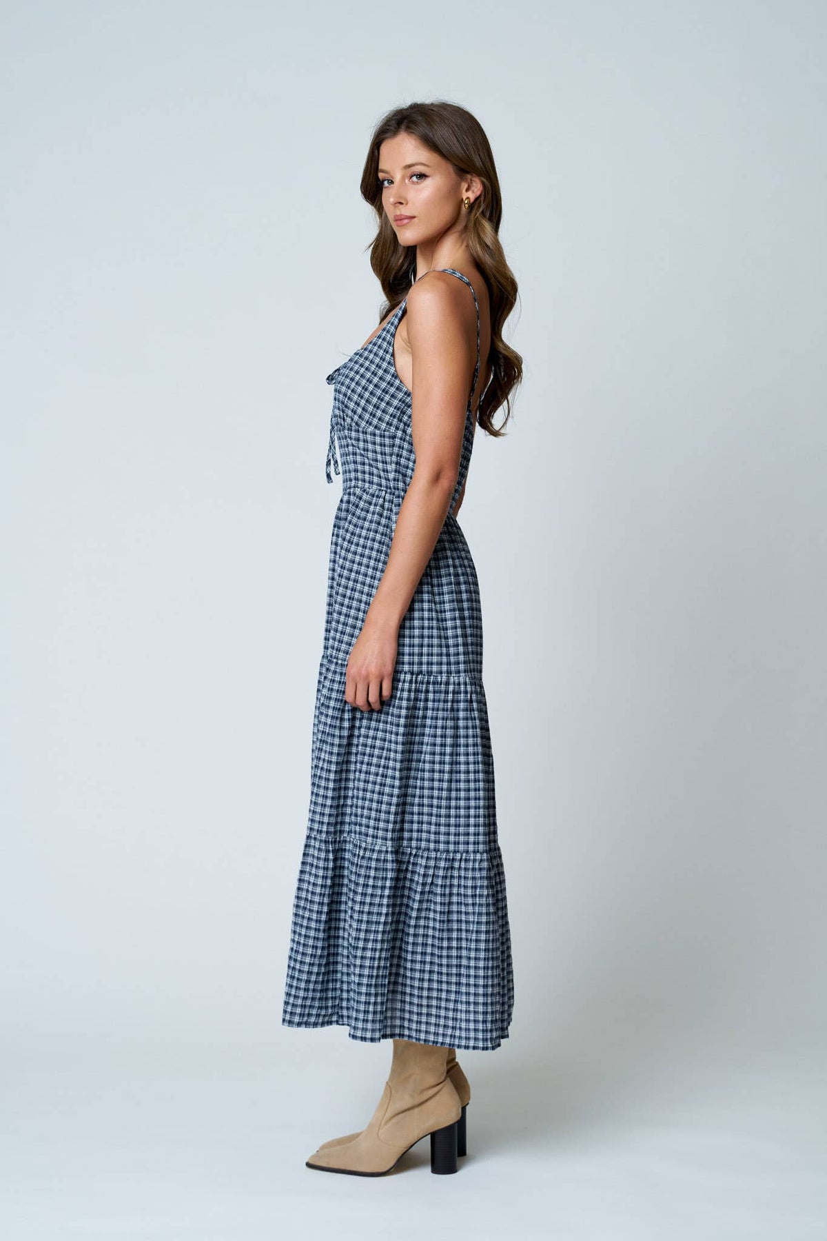 PLAID FRONT TIE CORSET MIDI DRESS