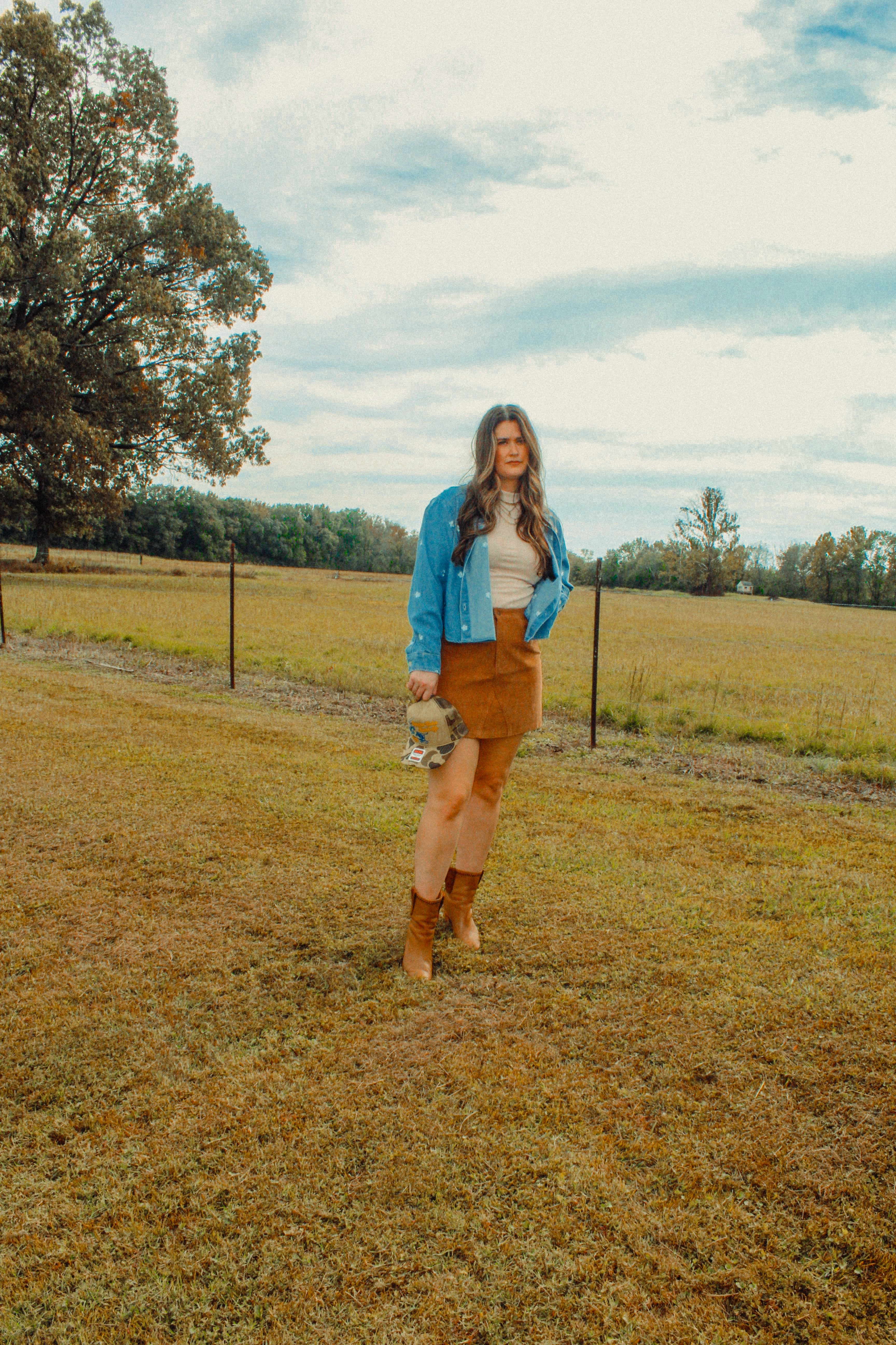 Embroidered Flower Denim Button Down Shirt
