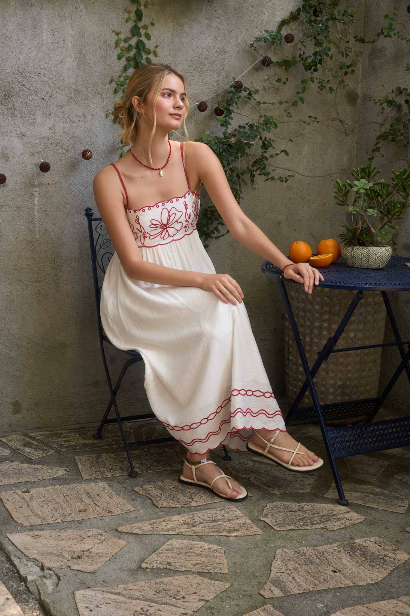 FLORAL EMBROIDERY SCALLOPED MIDI DRESS