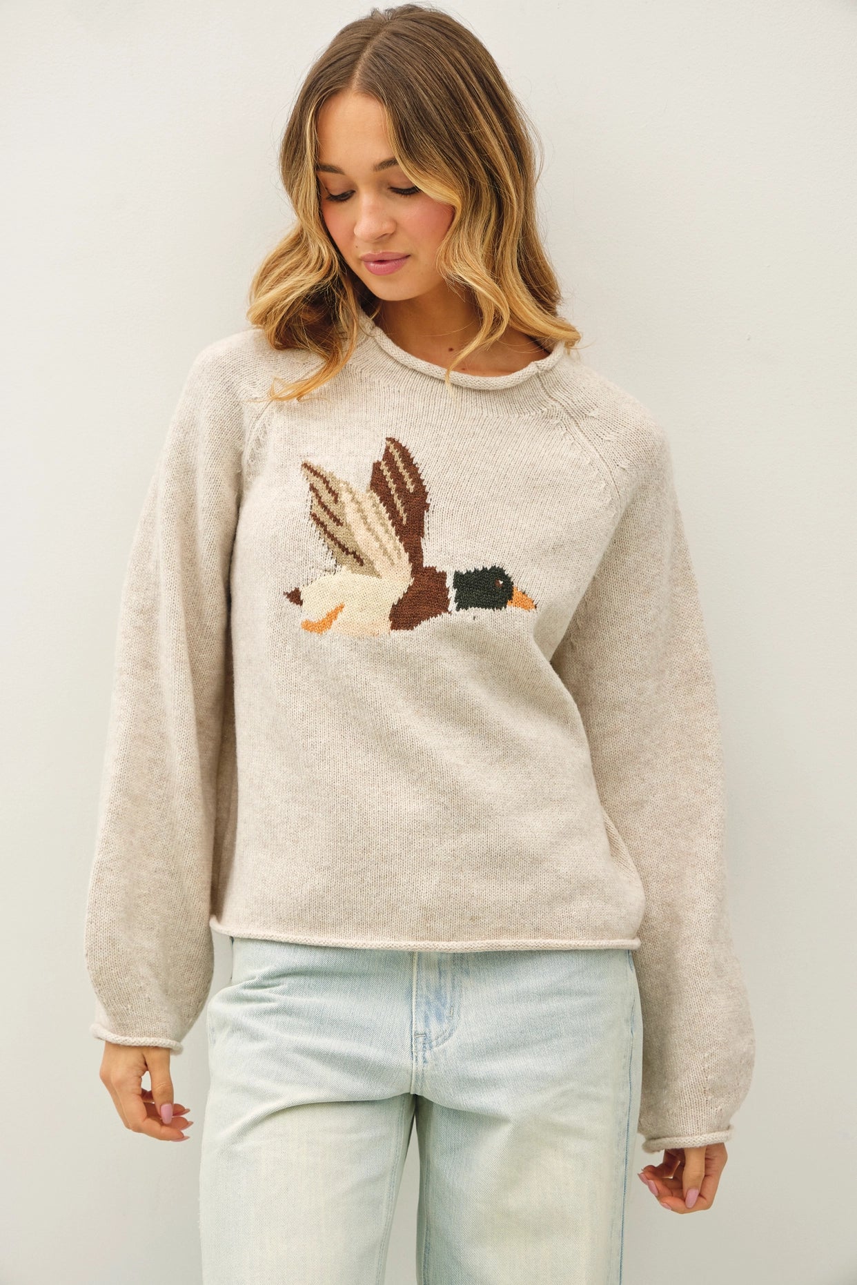 Duck Motif Roll Neck Knit Sweater