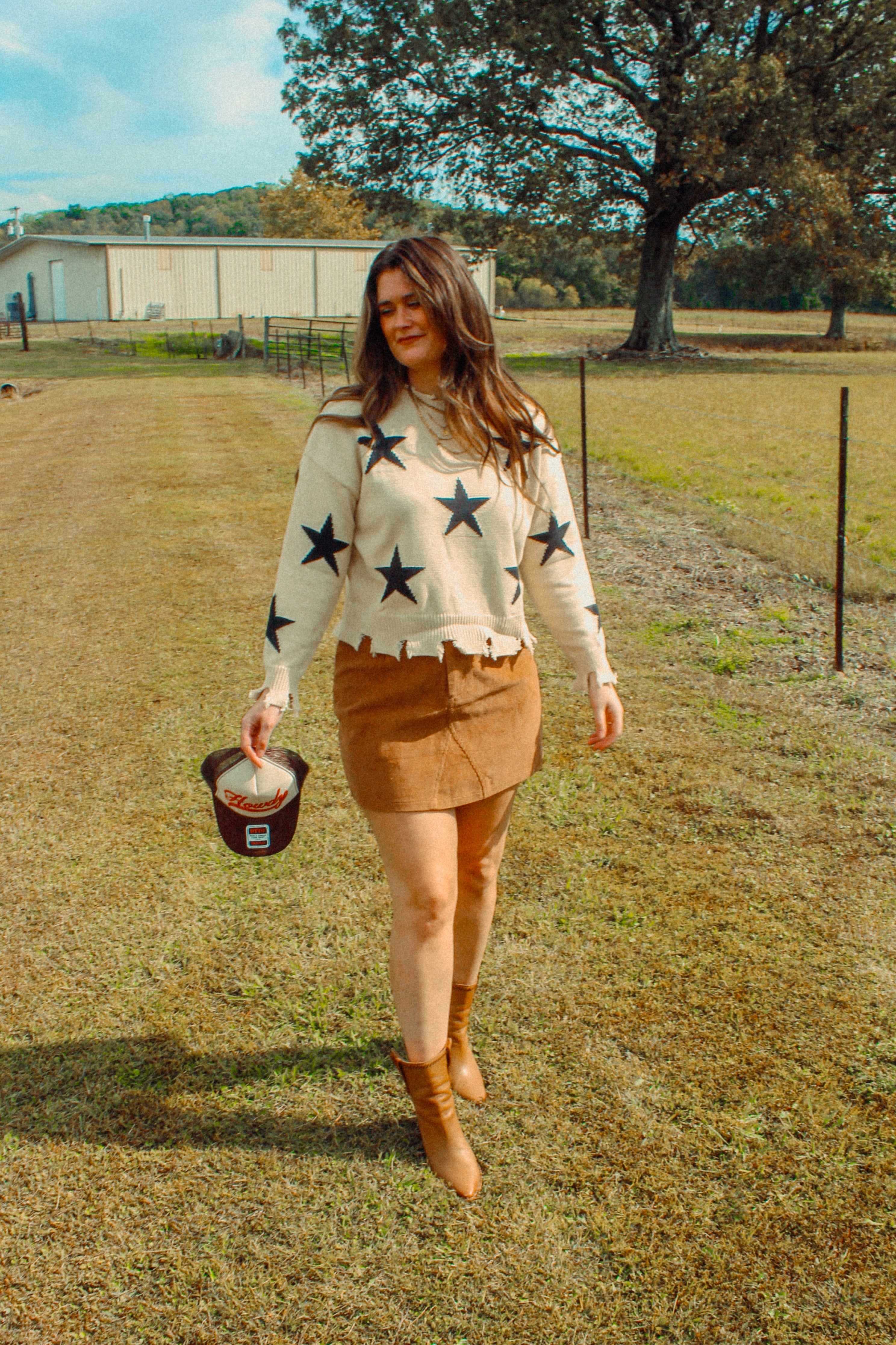 Distressed Star Print Cotton Blend Sweater