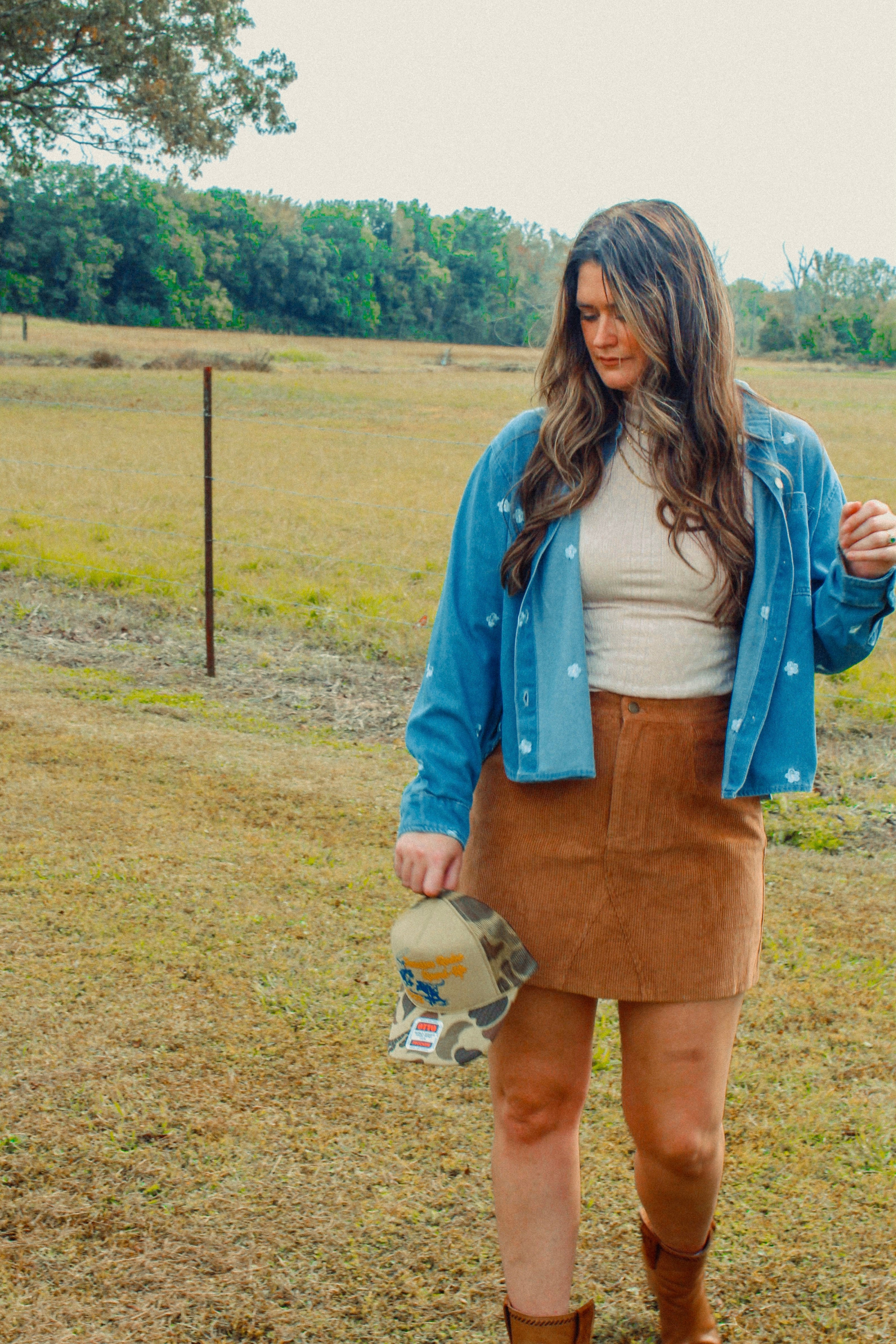 Embroidered Flower Denim Button Down Shirt