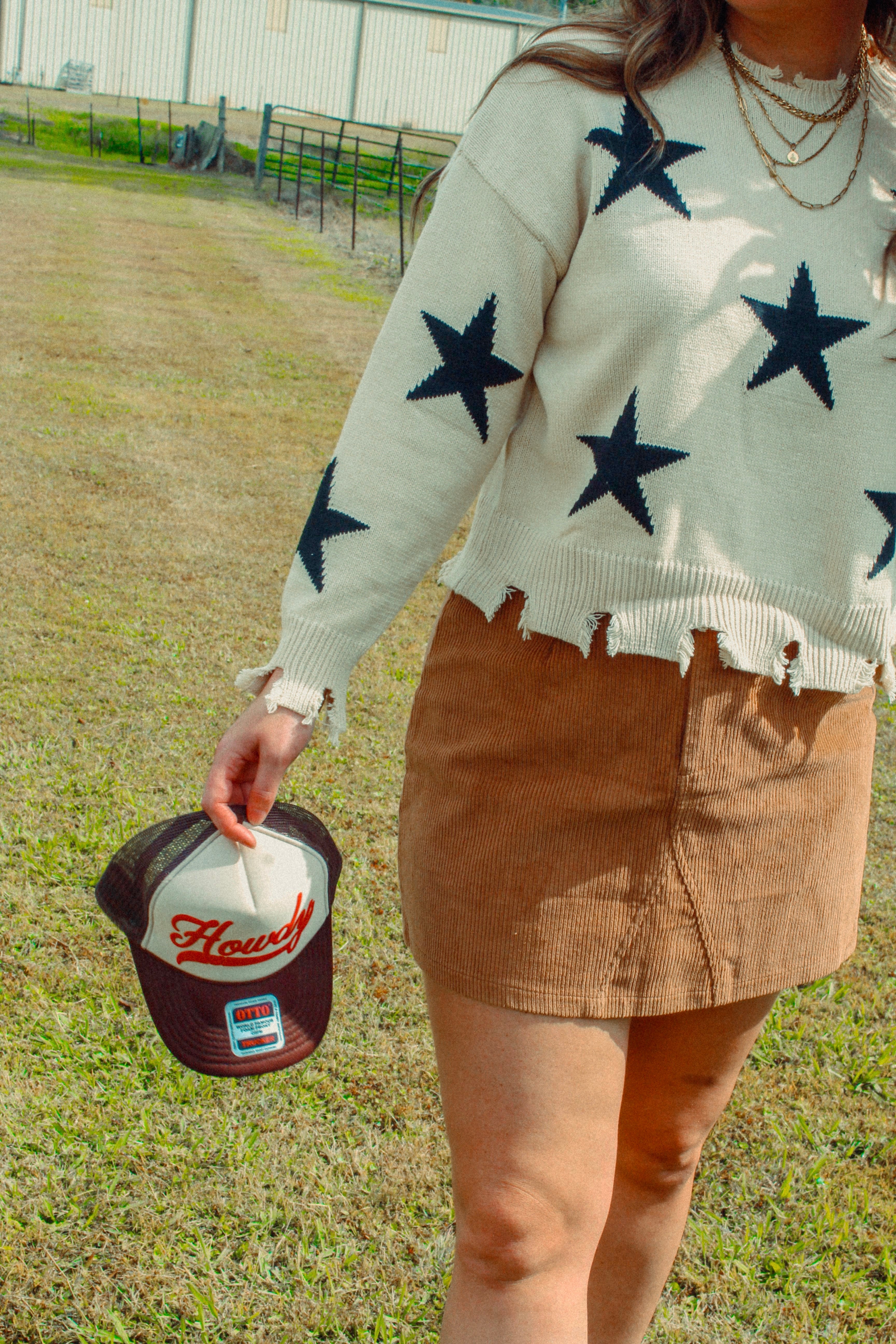 Distressed Star Print Cotton Blend Sweater