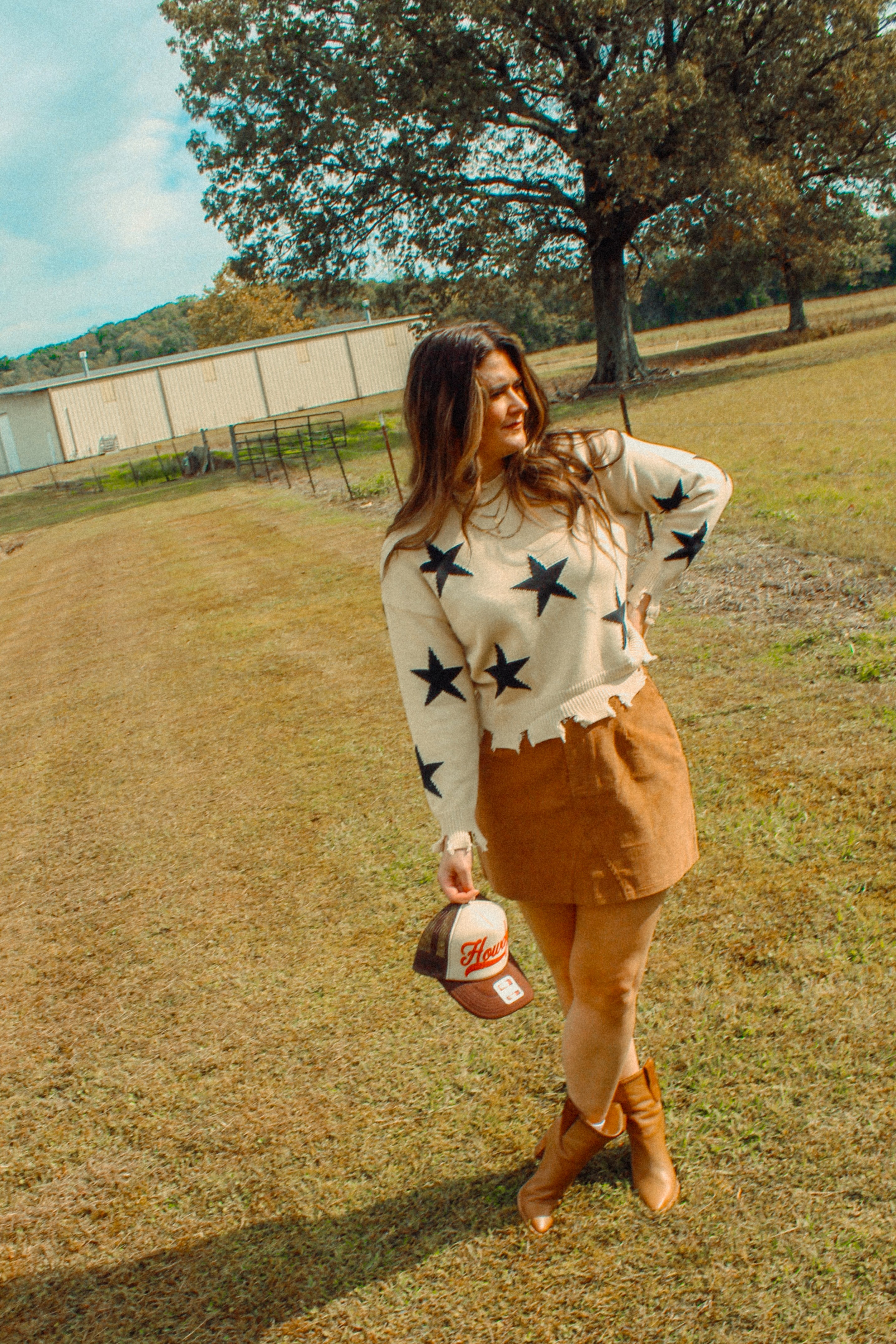 Distressed Star Print Cotton Blend Sweater