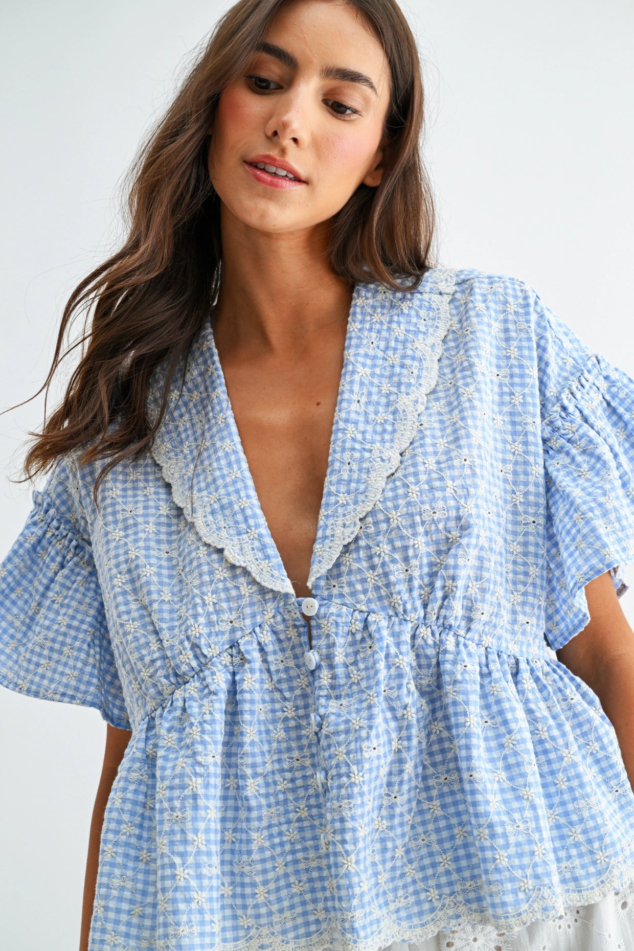 Gingham Embroidered Peplum Blouse