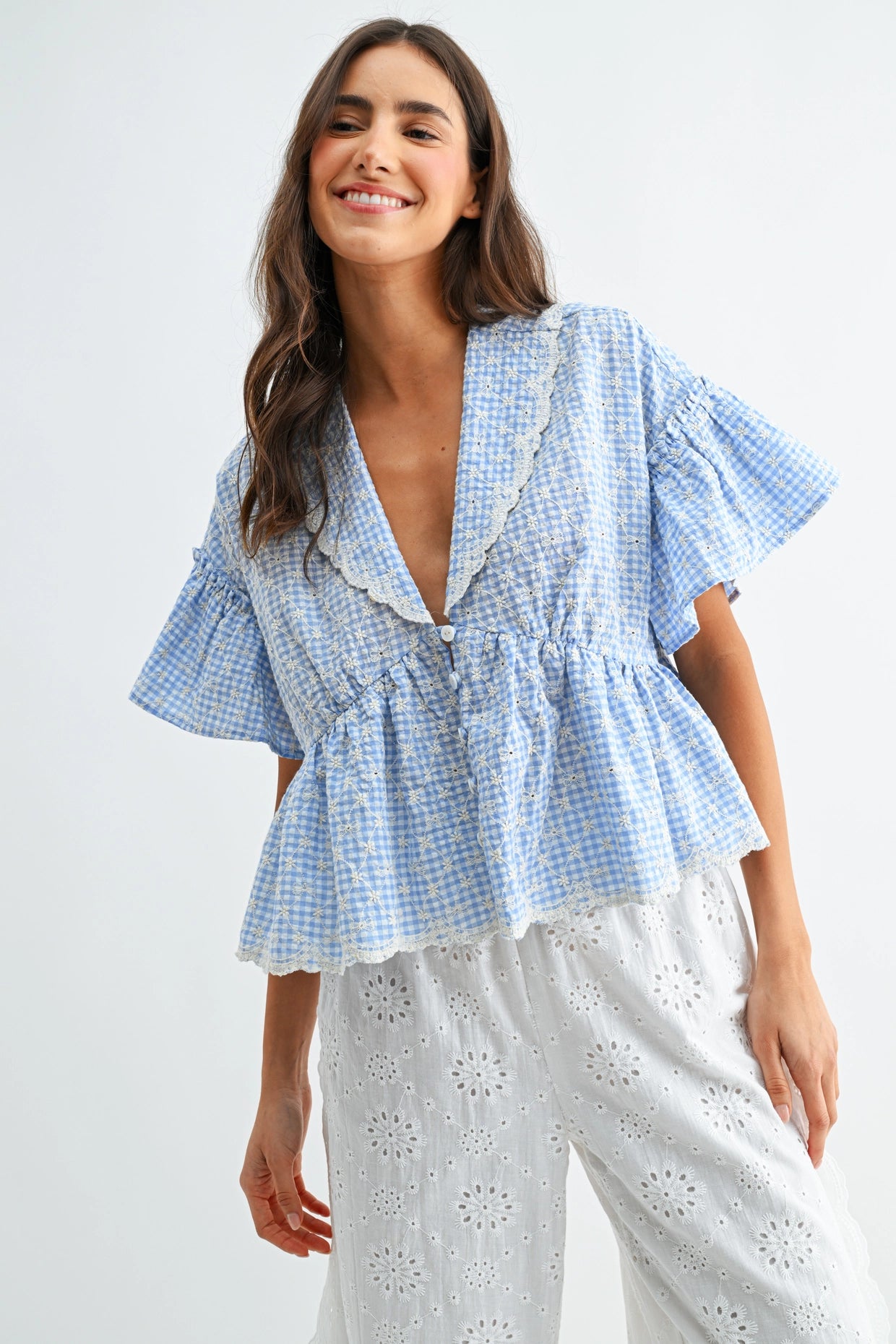 Gingham Embroidered Peplum Blouse