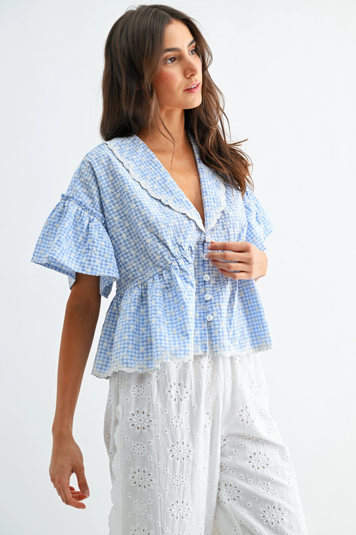Gingham Embroidered Peplum Blouse
