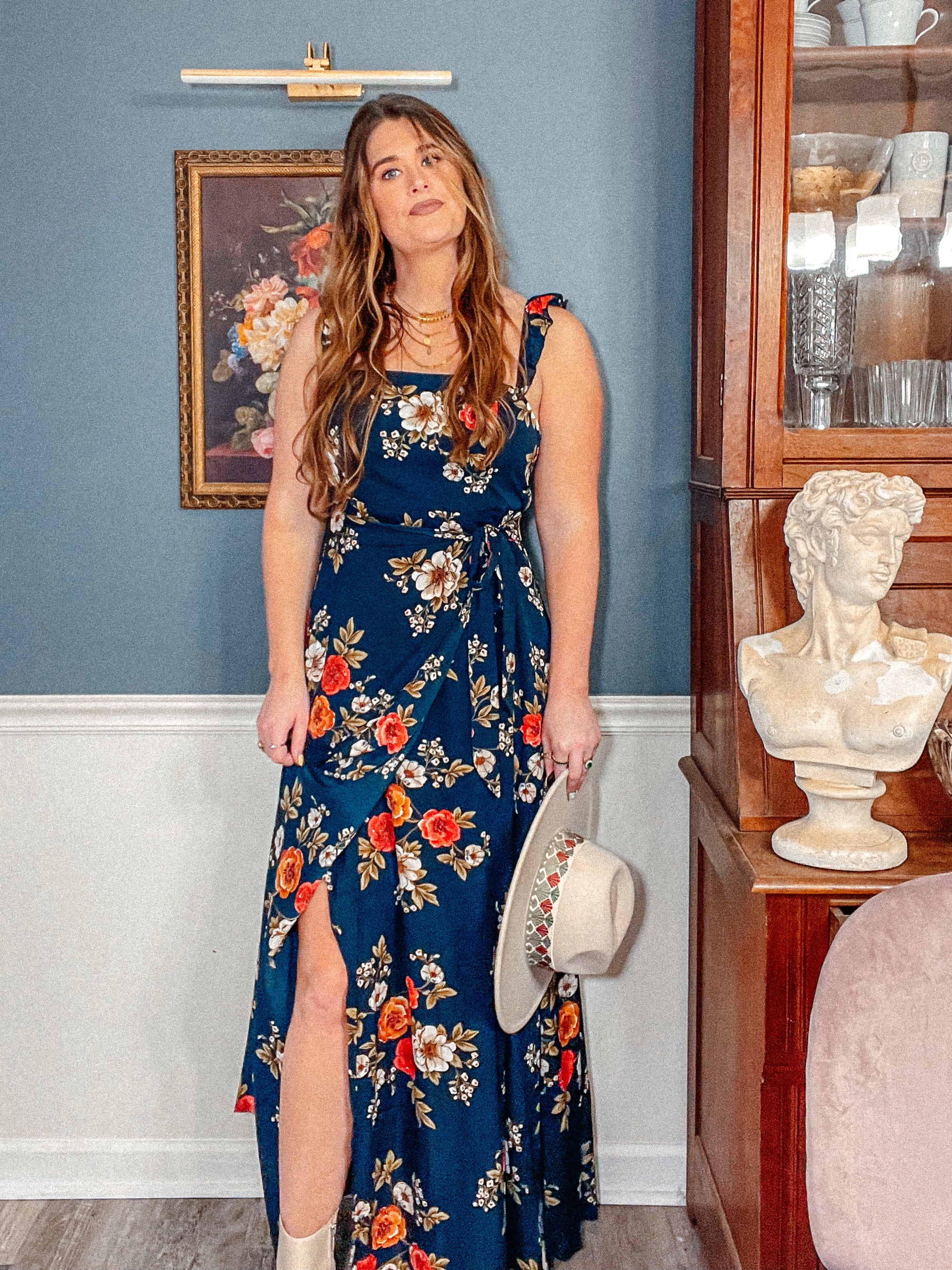 Western Floral Ruffle Trim Wrap Dress