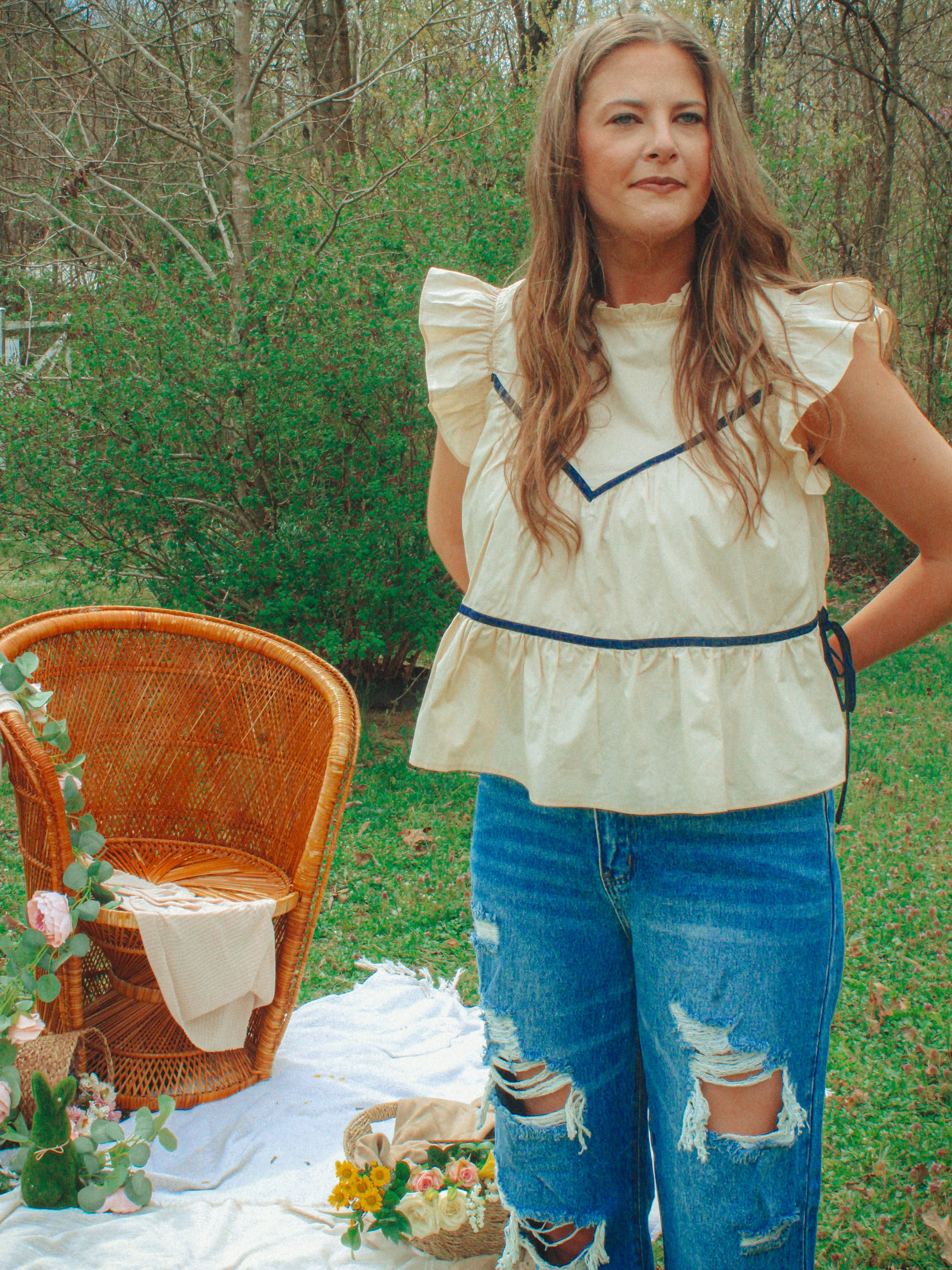 Ruffled High Neck Contrast Side Tie Detail Top