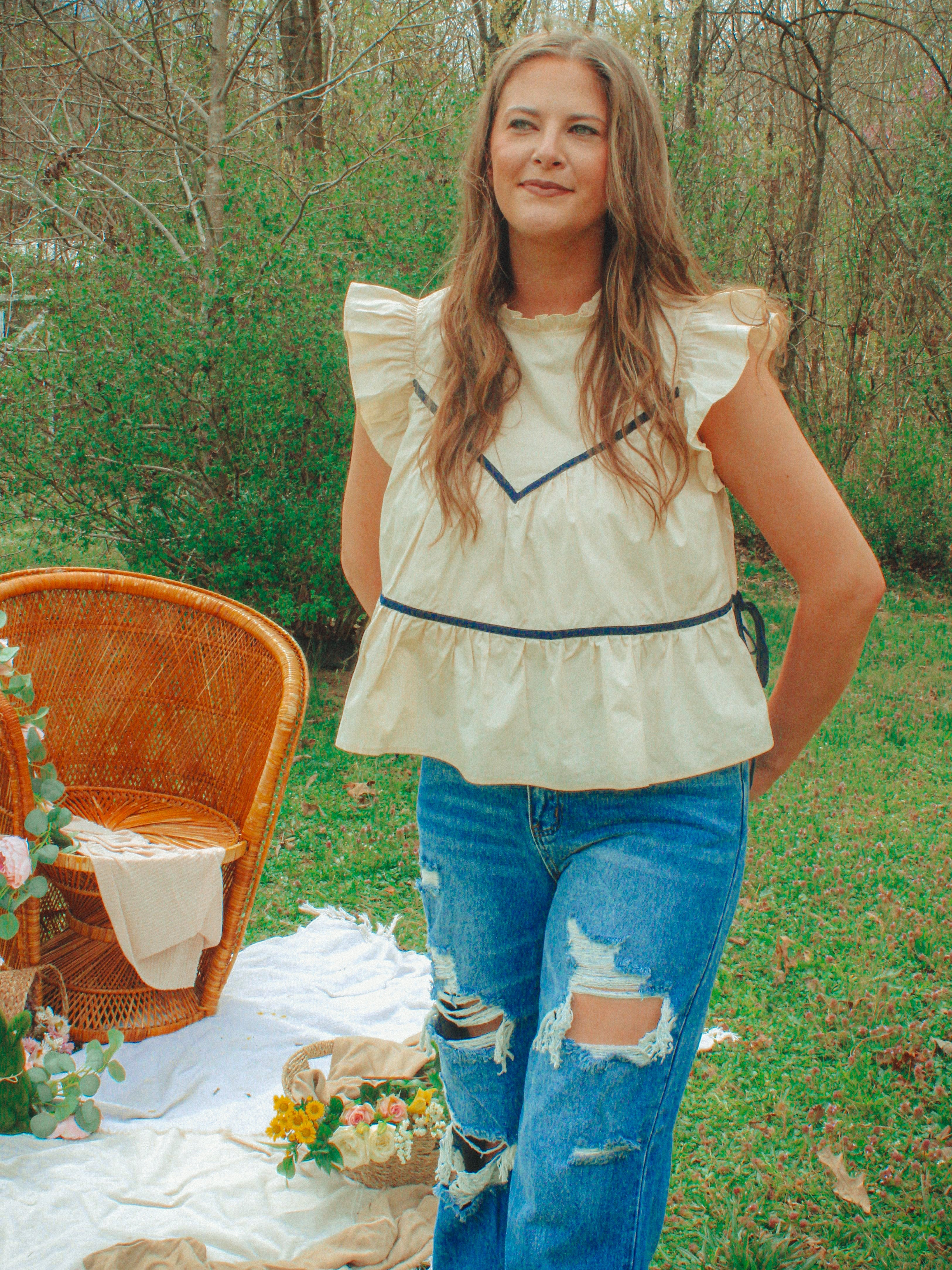 Ruffled High Neck Contrast Side Tie Detail Top