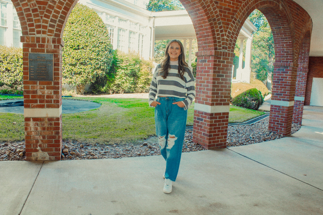 Andy Striped Mock Neck Fleece Top