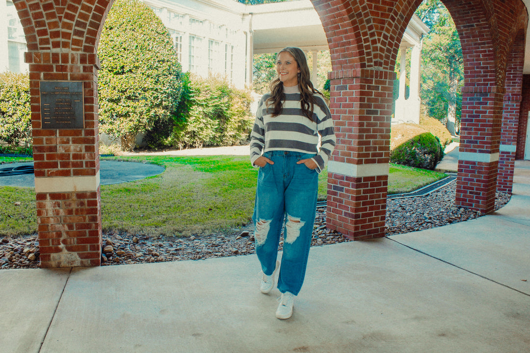 Andy Striped Mock Neck Fleece Top