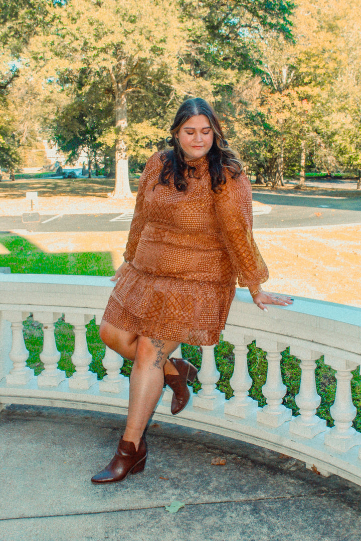 Brown Paisley Bandana Print Long Sleeve Dress | Curvy