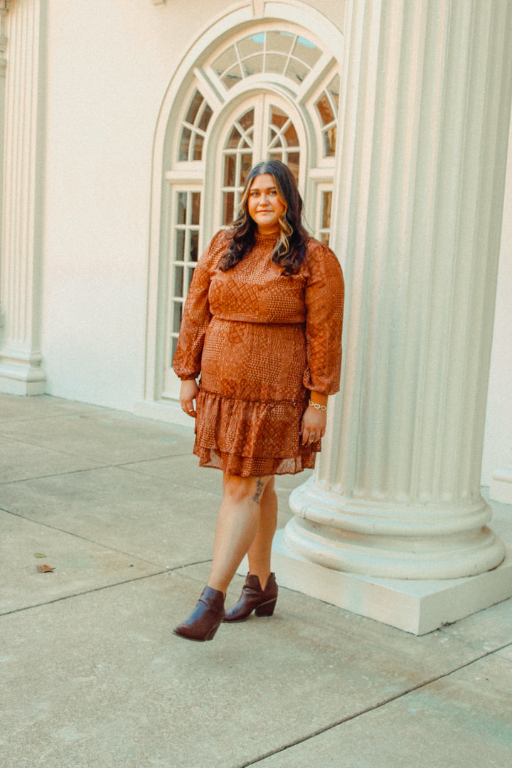 Brown Paisley Bandana Print Long Sleeve Dress | Curvy