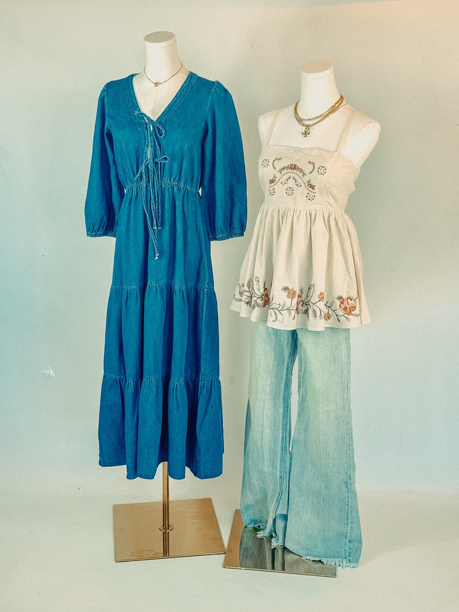 Front Tie Tiered Midi Denim Dress