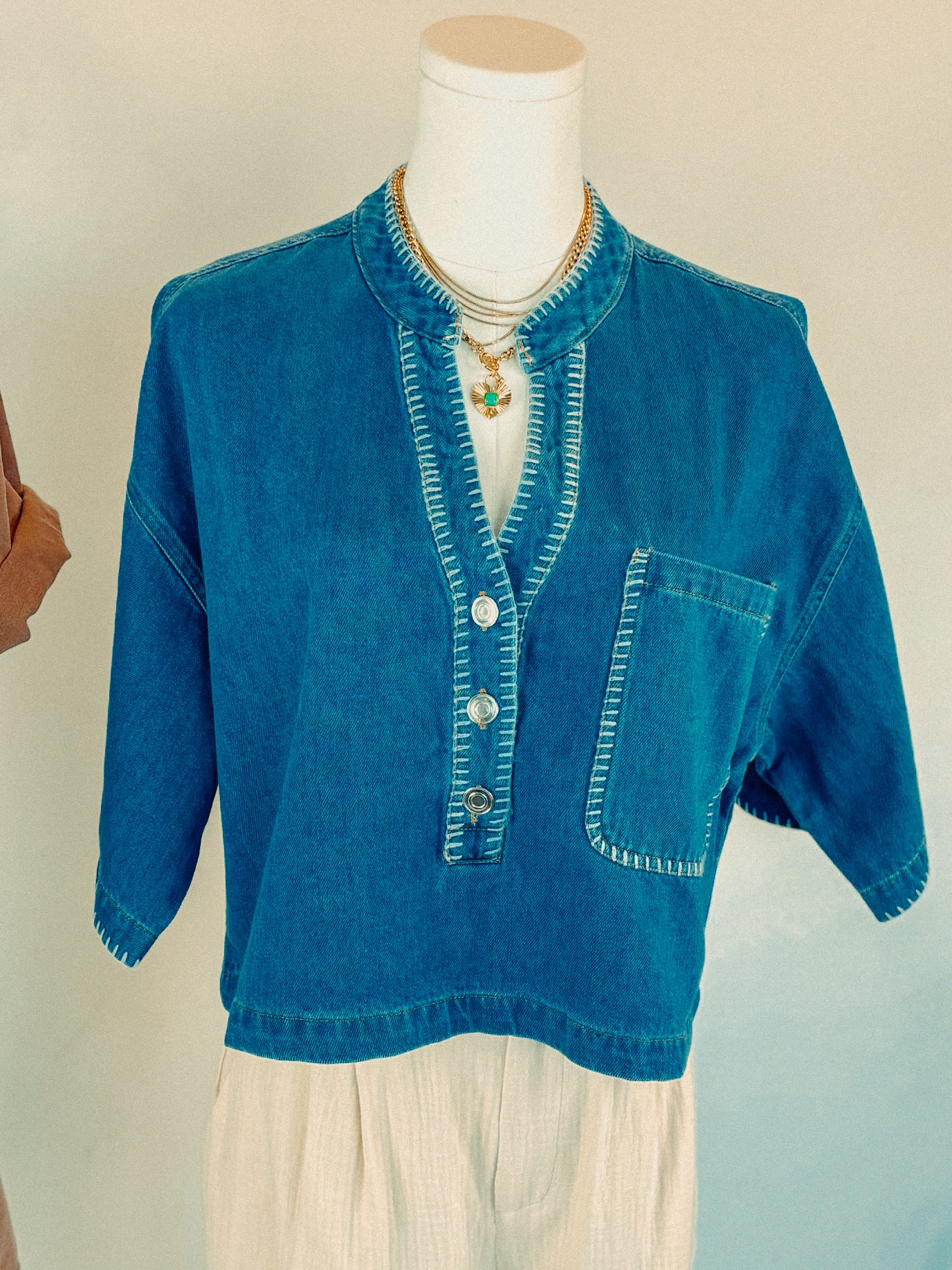 Button-Front Cropped Denim Top with Pocket