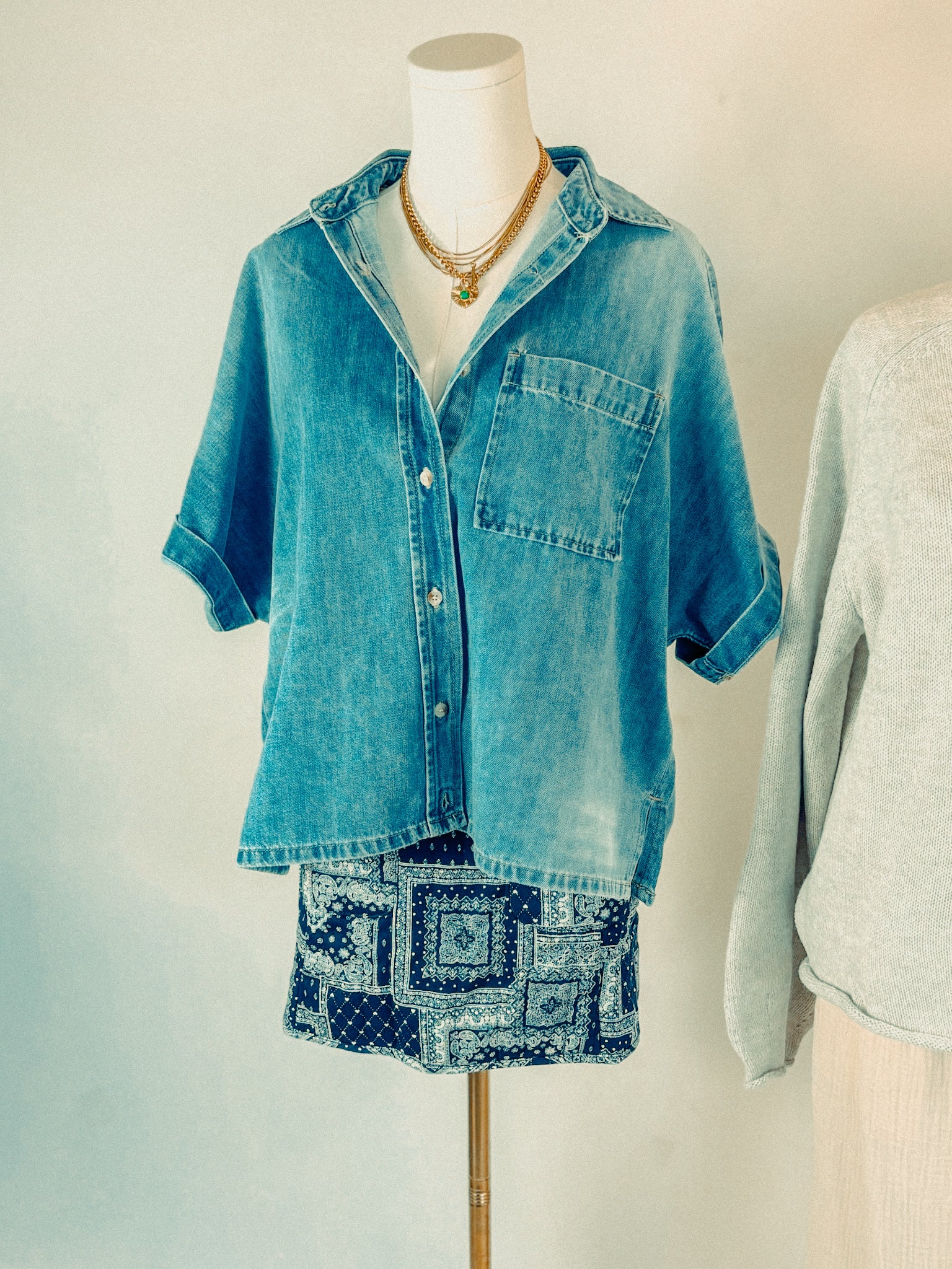 Denim Short Sleeve Boxy Button Down