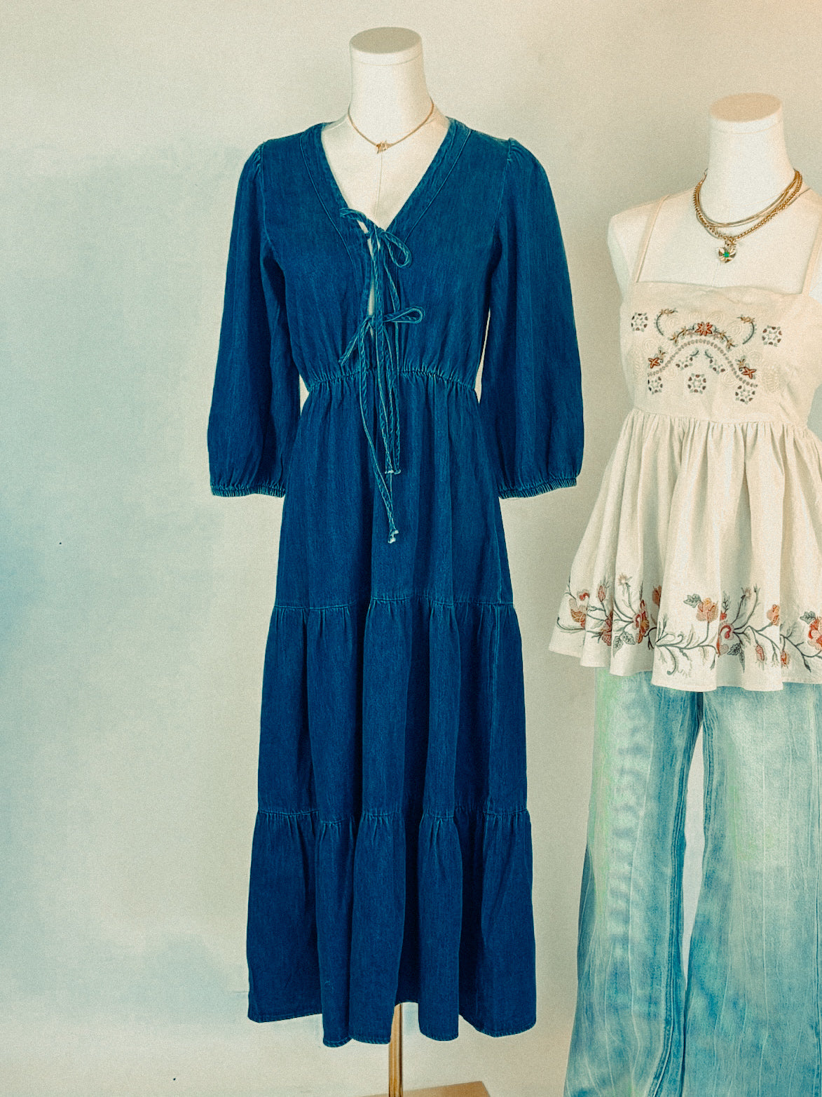 Front Tie Tiered Midi Denim Dress