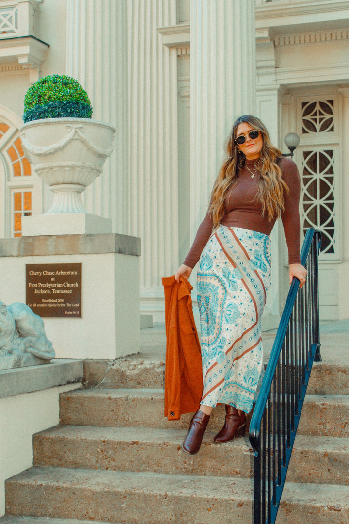 Scarf Print Satin Maxi Skirt