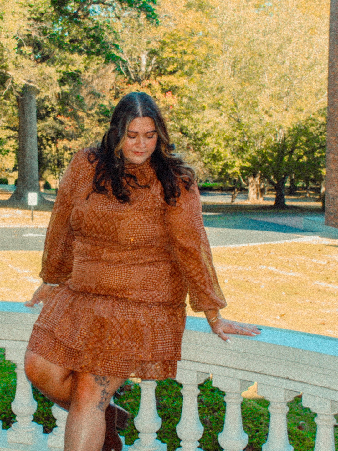 Brown Paisley Bandana Print Long Sleeve Dress | Curvy