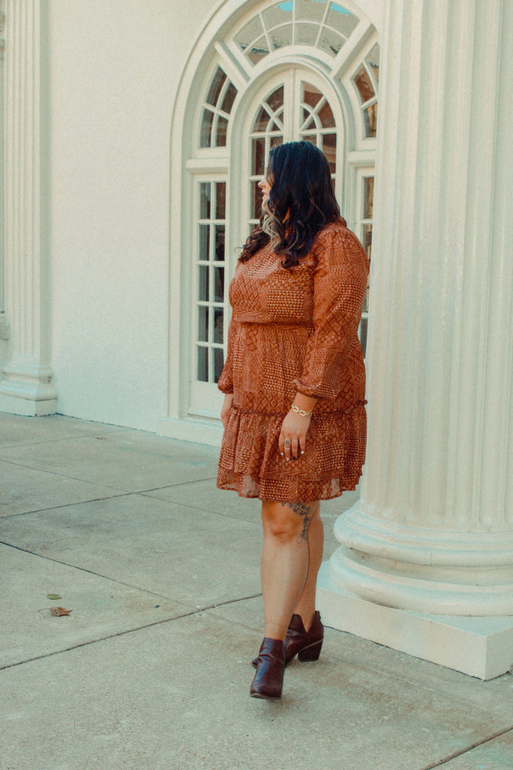 Brown Paisley Bandana Print Long Sleeve Dress | Curvy