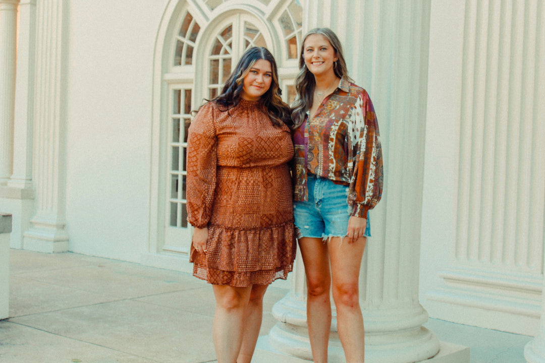 Brown Paisley Bandana Print Long Sleeve Dress | Curvy