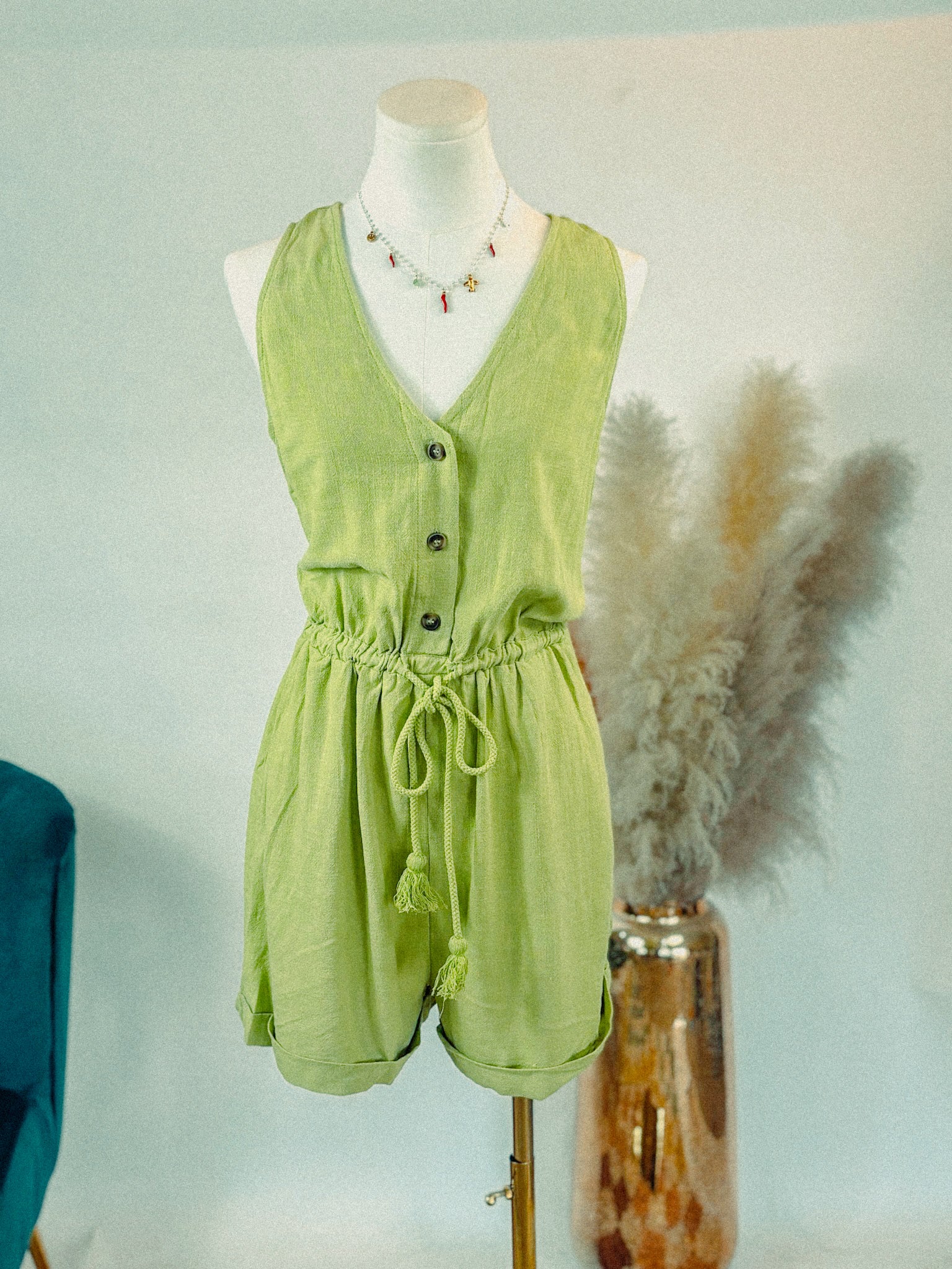 Green Linen Blend Romper