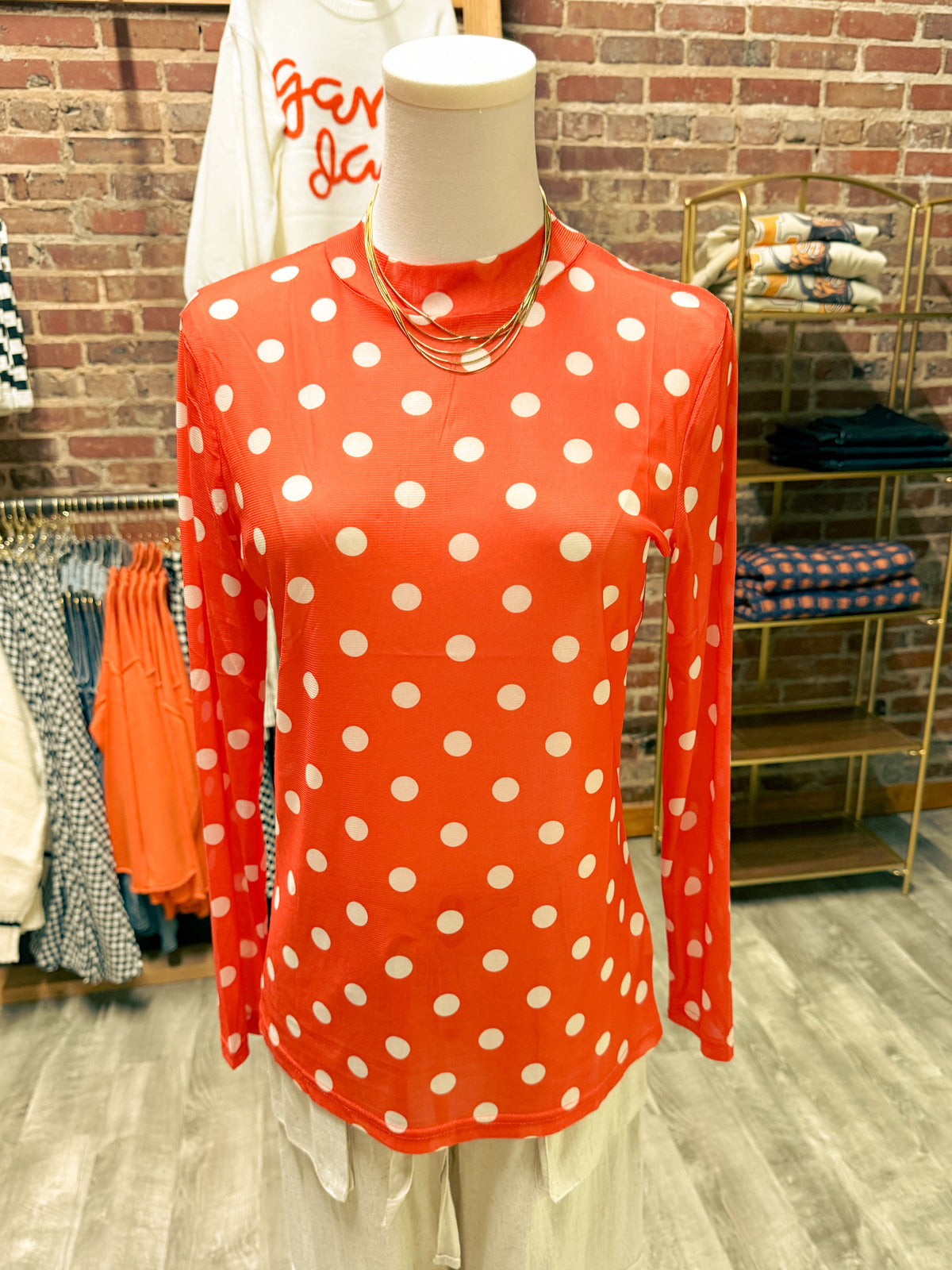 Orange & White Polkadot Mesh Top