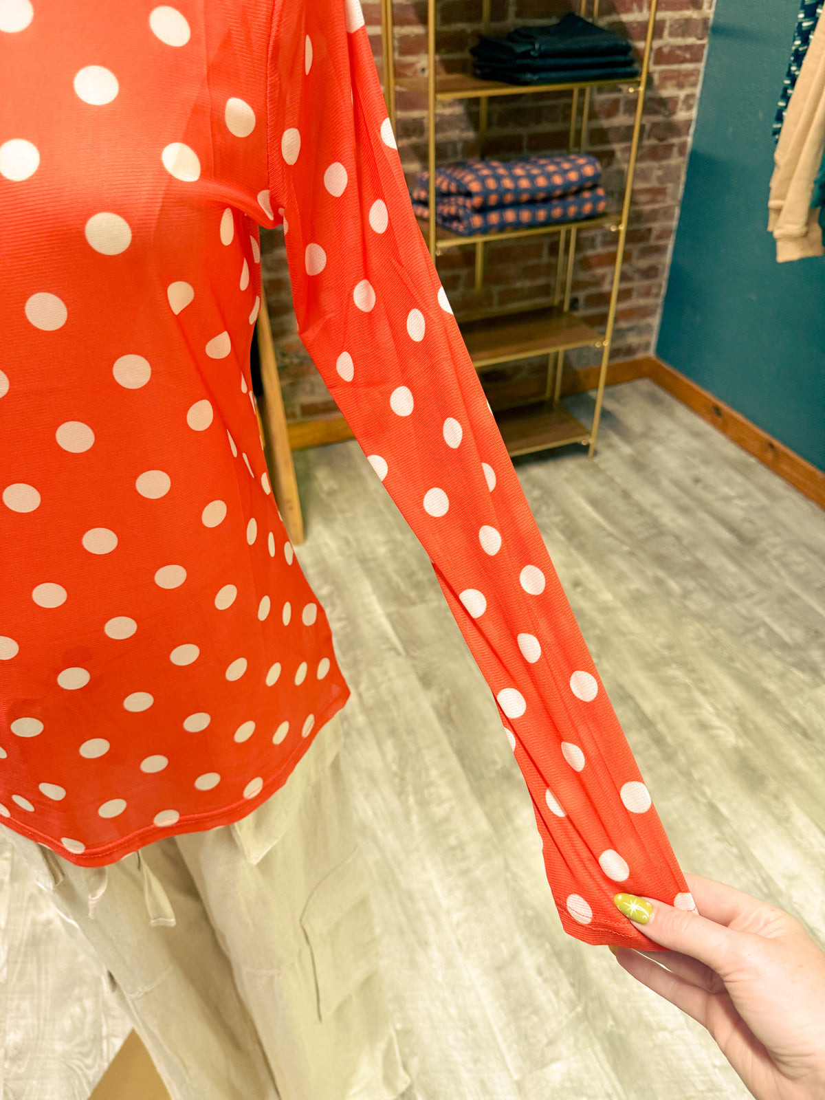 Orange & White Polkadot Mesh Top