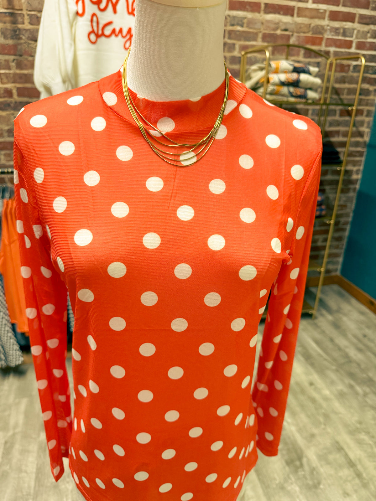 Orange & White Polkadot Mesh Top