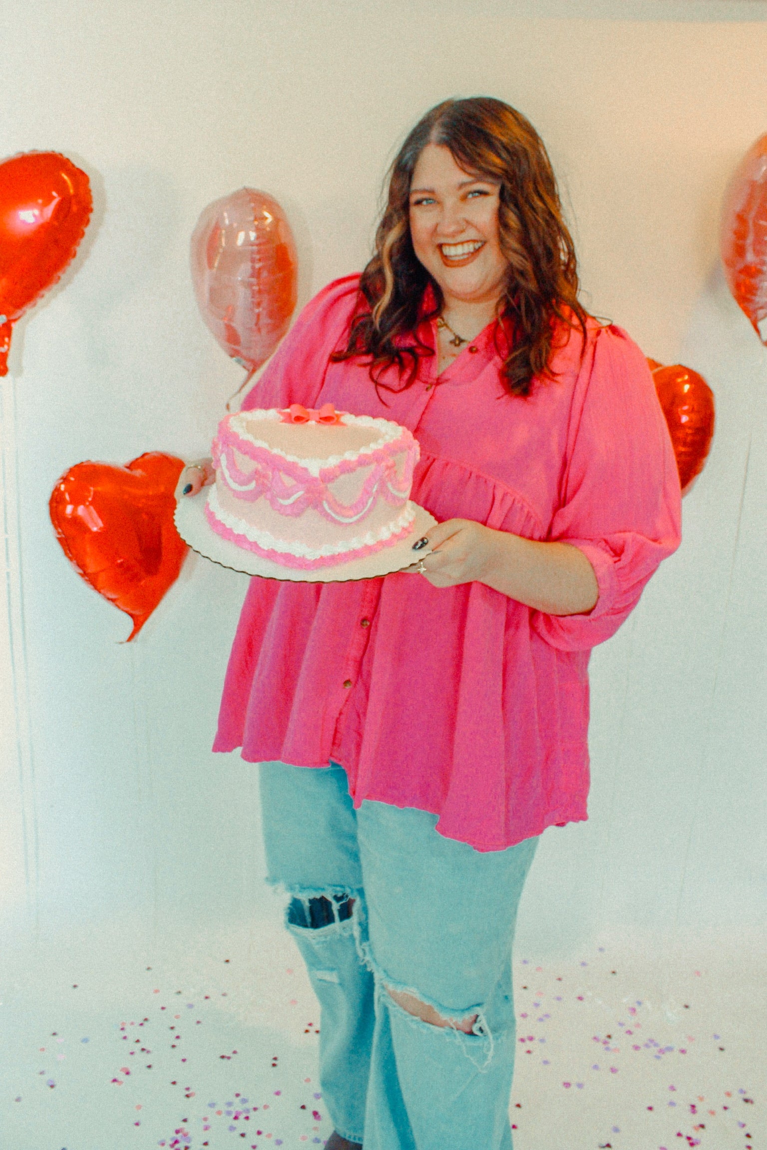 Pink Midsleeve Button Down Blouse | Curvy