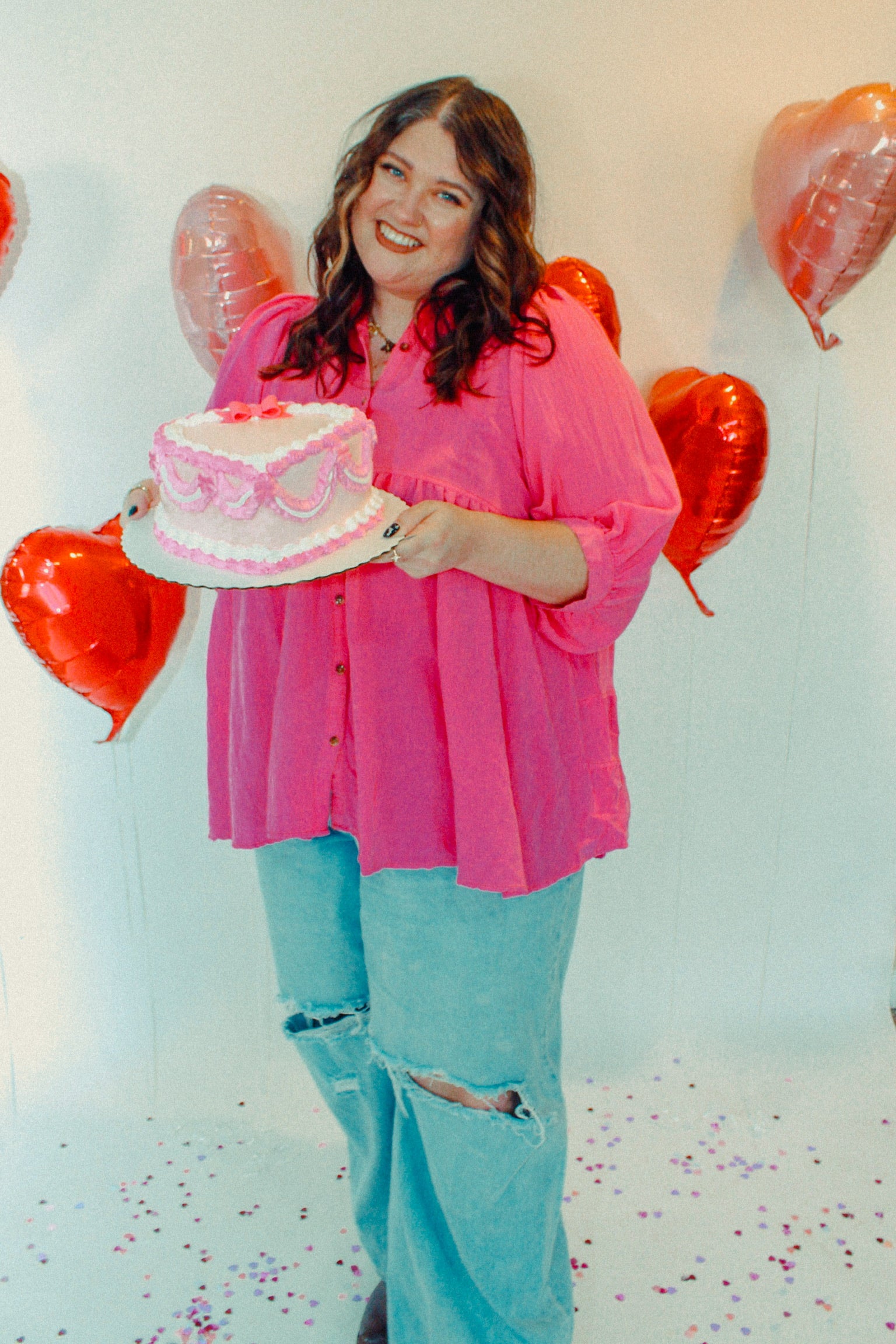 Pink Midsleeve Button Down Blouse | Curvy