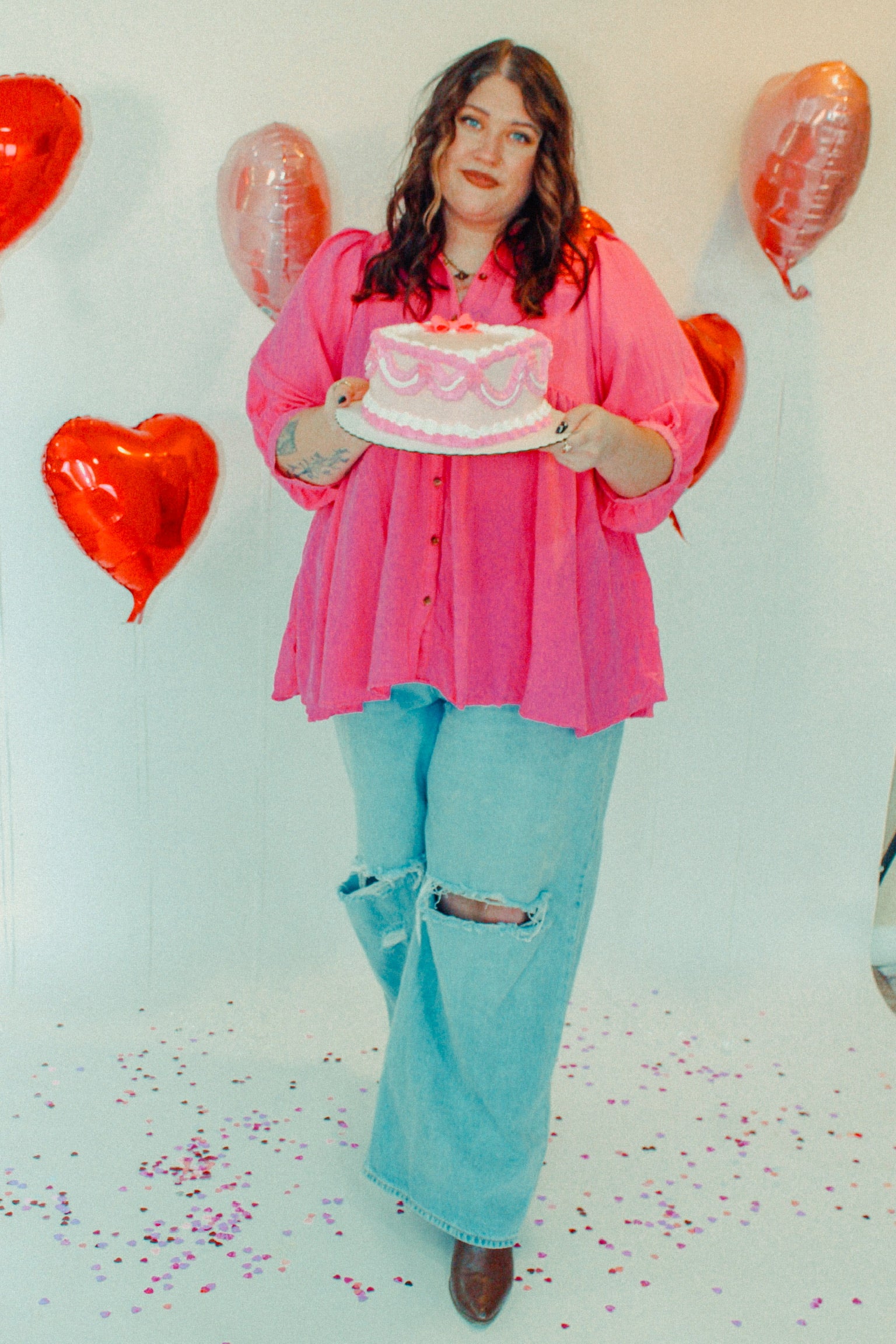 Pink Midsleeve Button Down Blouse | Curvy