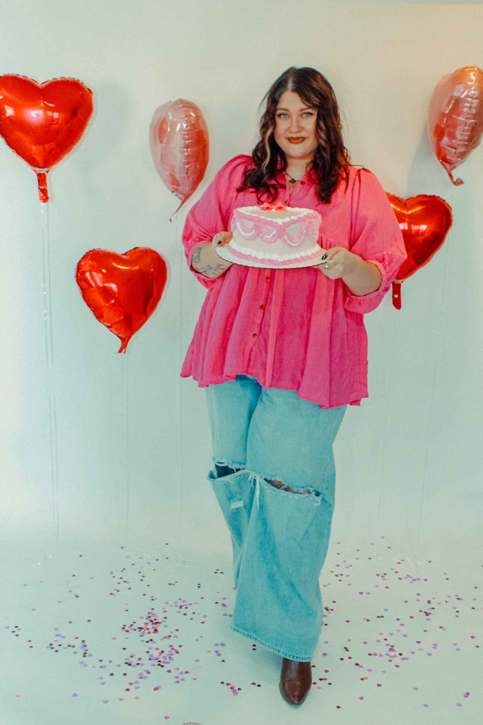 Pink Midsleeve Button Down Blouse | Curvy