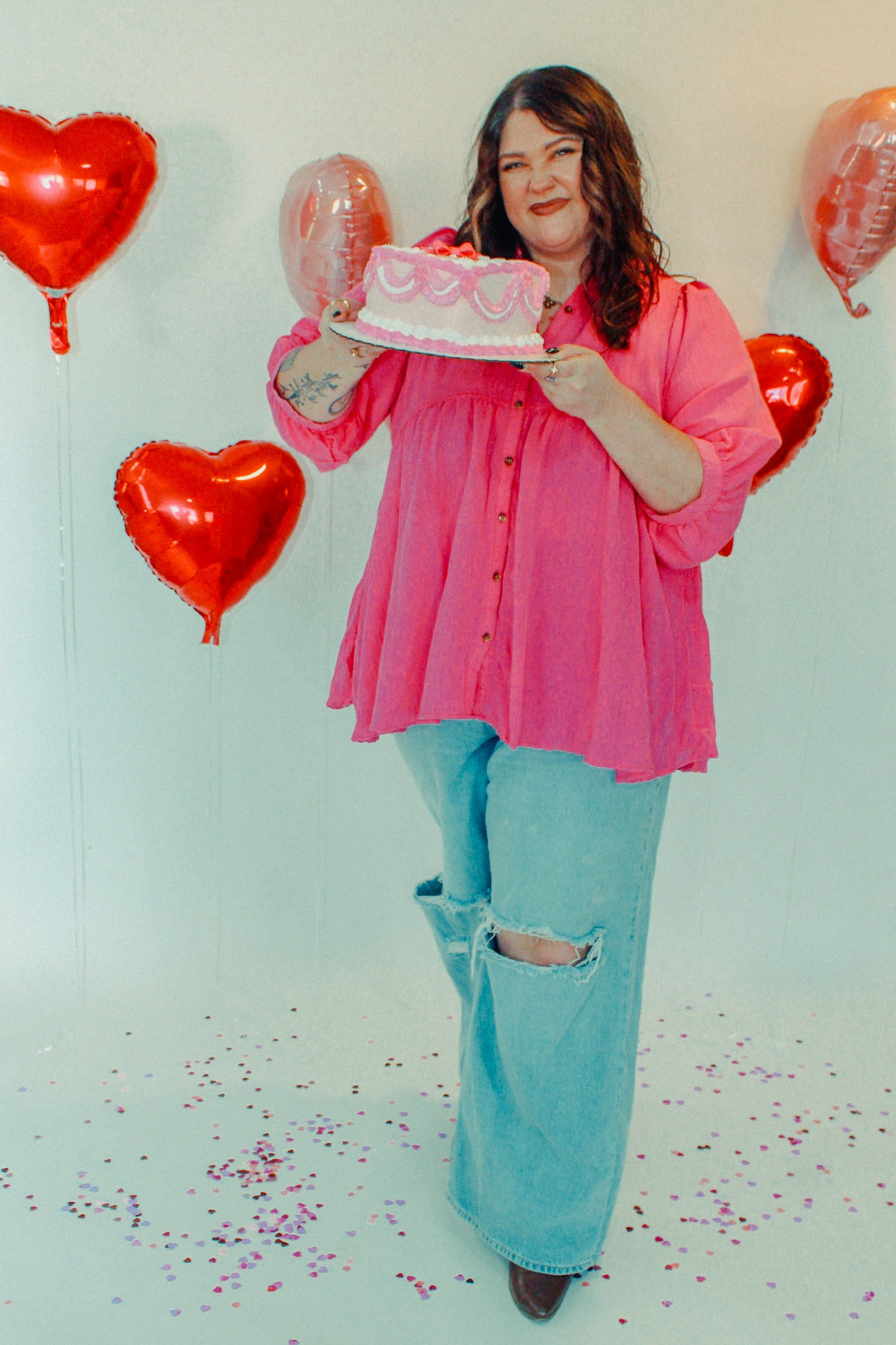 Pink Midsleeve Button Down Blouse | Curvy