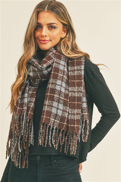 Oversized Brown and Blue Plaid Scarf