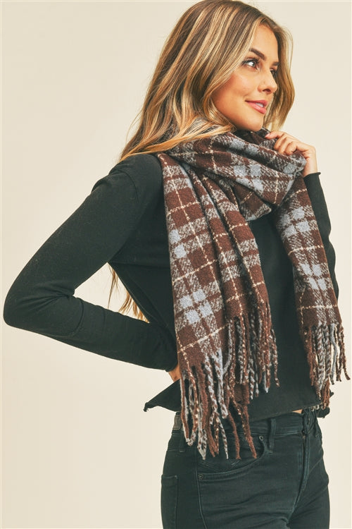 Oversized Brown and Blue Plaid Scarf