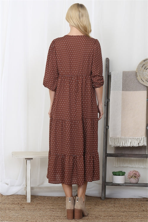 Brown Tiered Long Sleeve Midi Dress