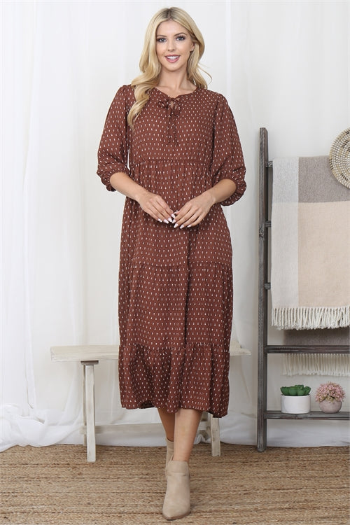 Brown Tiered Long Sleeve Midi Dress