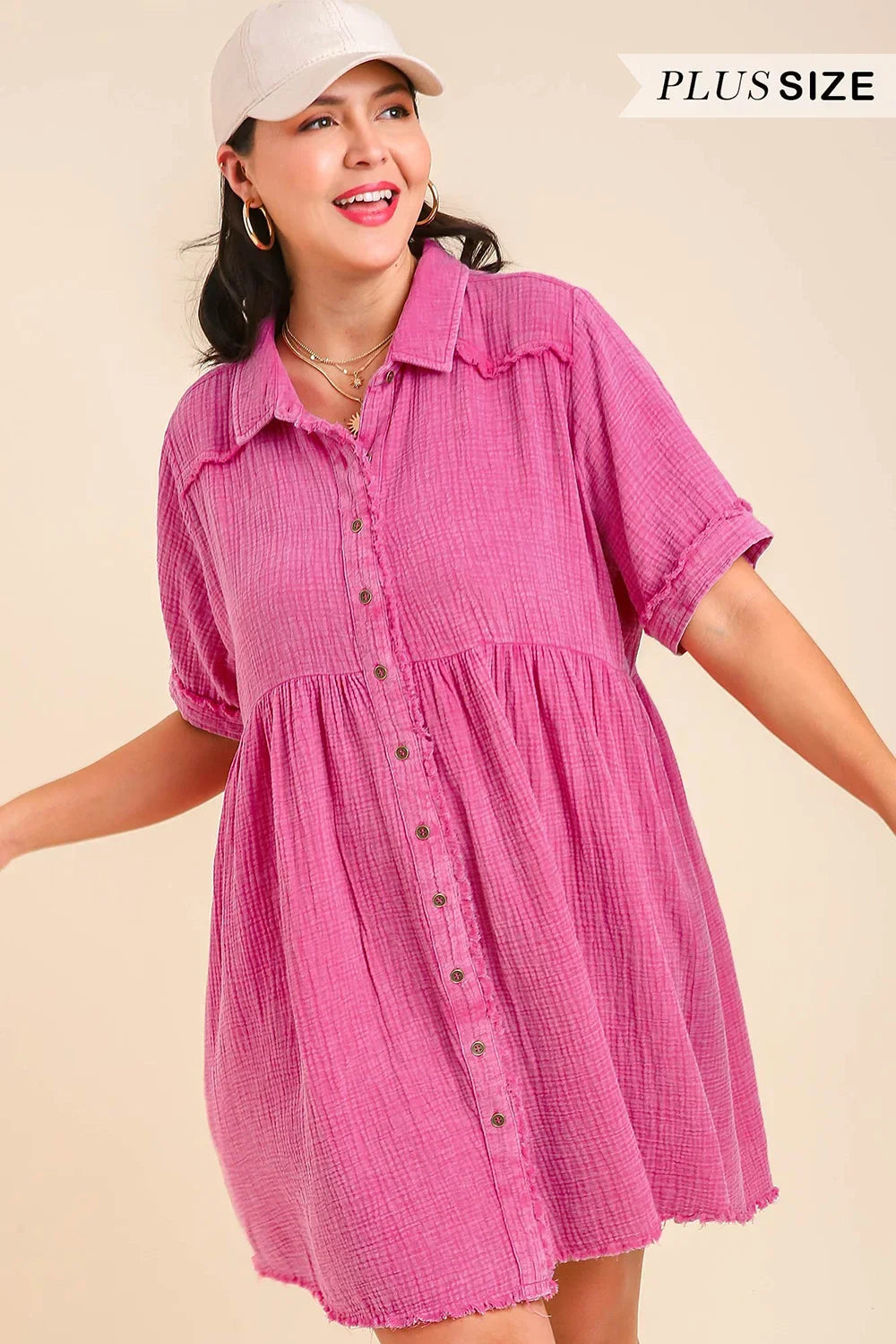 Pink Button Front Shirt Dress | Curvy