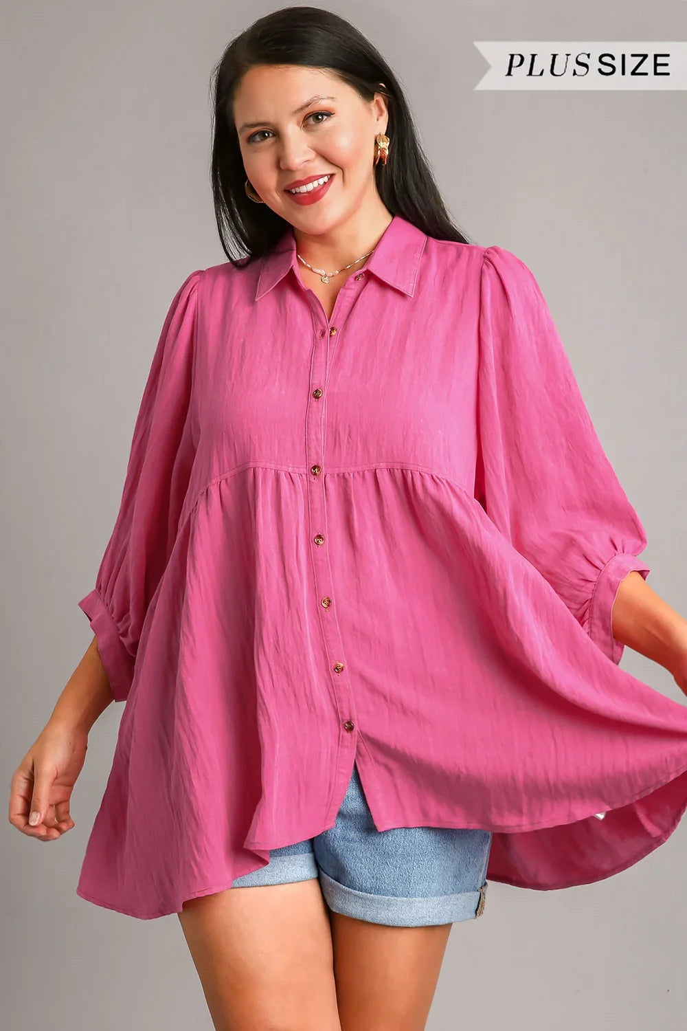 Pink Midsleeve Button Down Blouse | Curvy