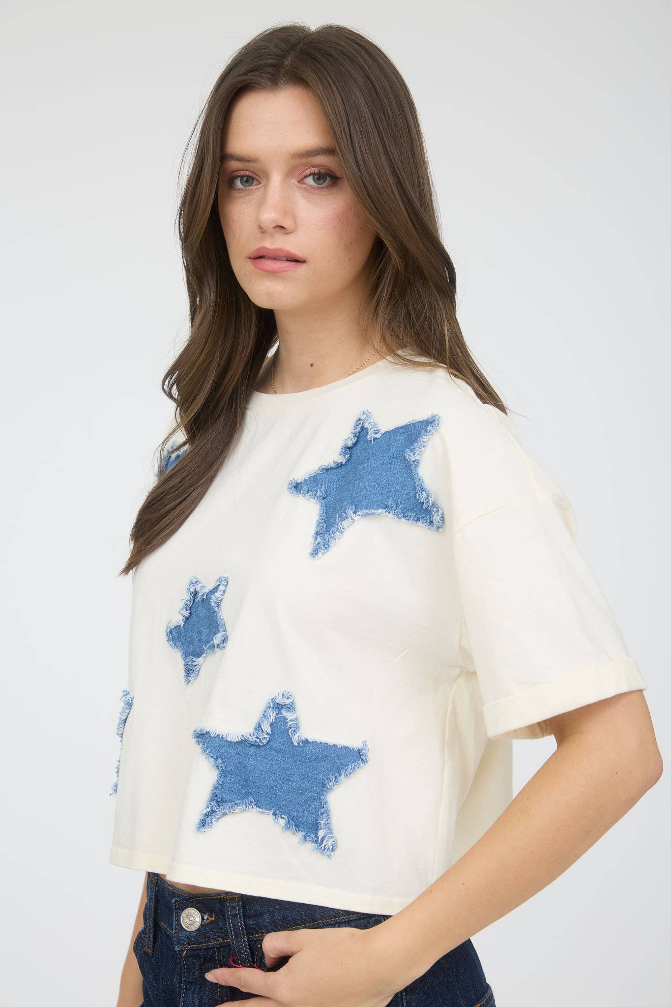 DENIM STAR PATCH SHORT SLEEVE KNIT T-SHIRT