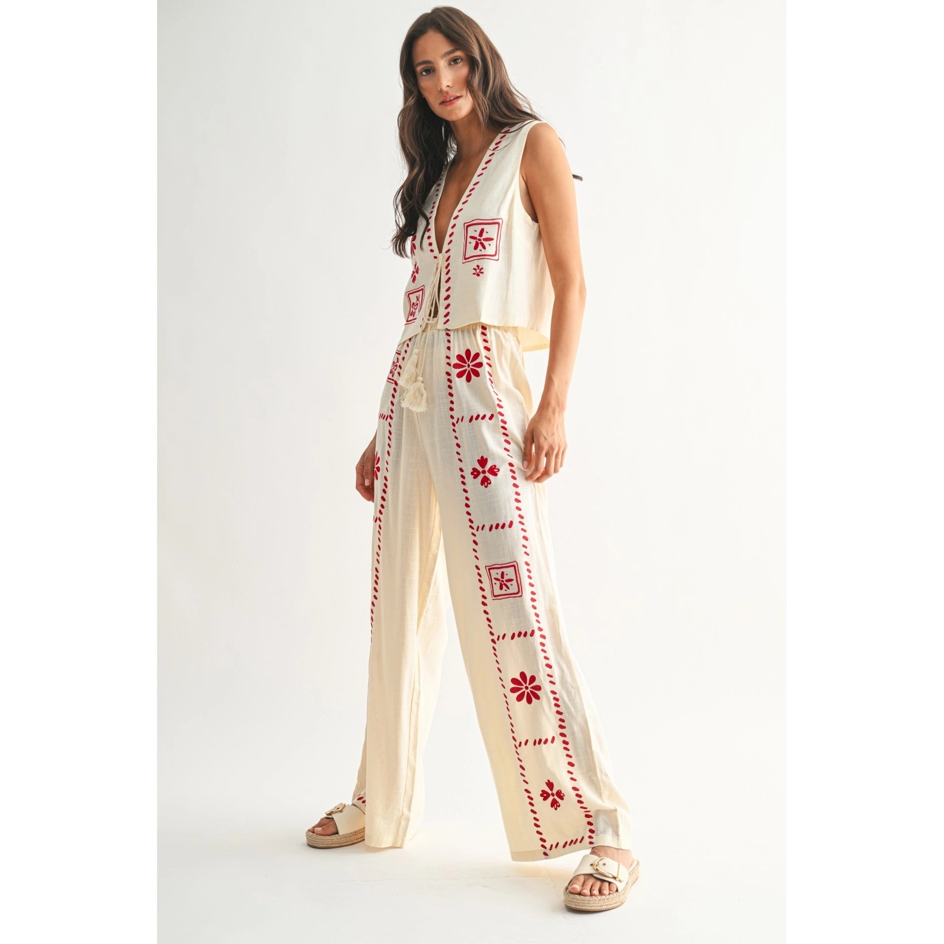 Linen Blend Chic Embroidered Two-Piece Set